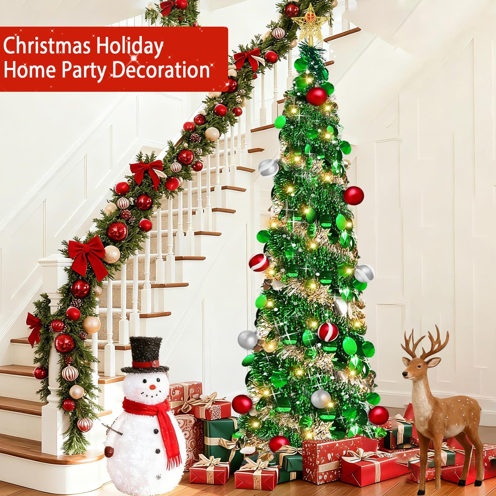 Dual Color Switch&Timer 5 Ft Gold Pop Up Christmas Tree with 50 Warm White&Color Lights 8 Modes, Tinsel Pencil Collapsible Xmas