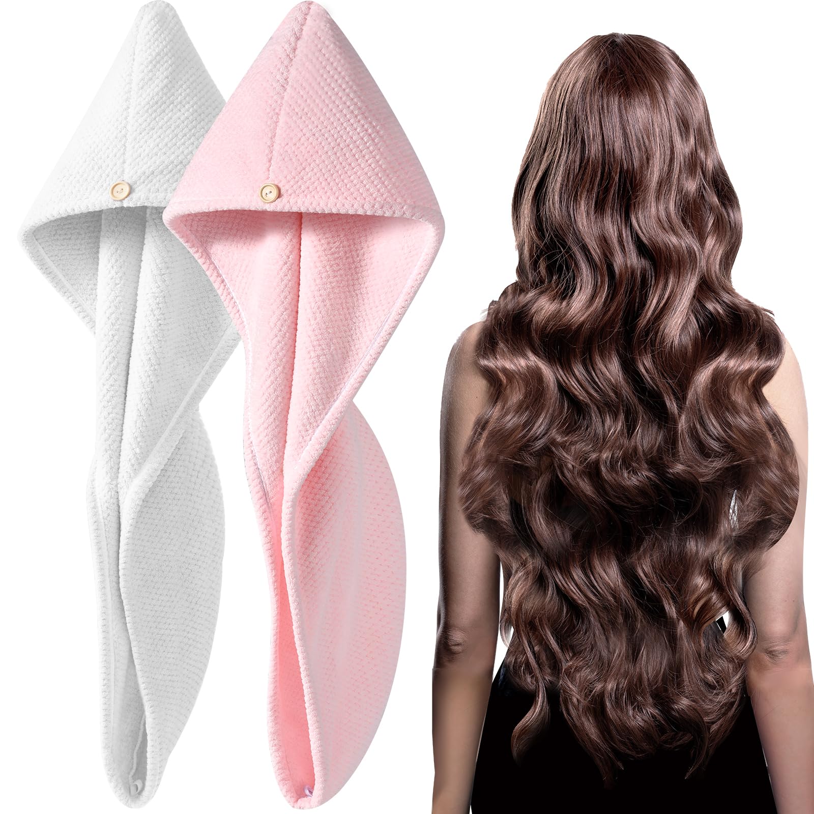 YFONG 2 Pack Large Microfiber Hair Towel Wrap for Women, Thicken Super Absorbent Quick Dry Hair Turban for Drying Curly Long Thi