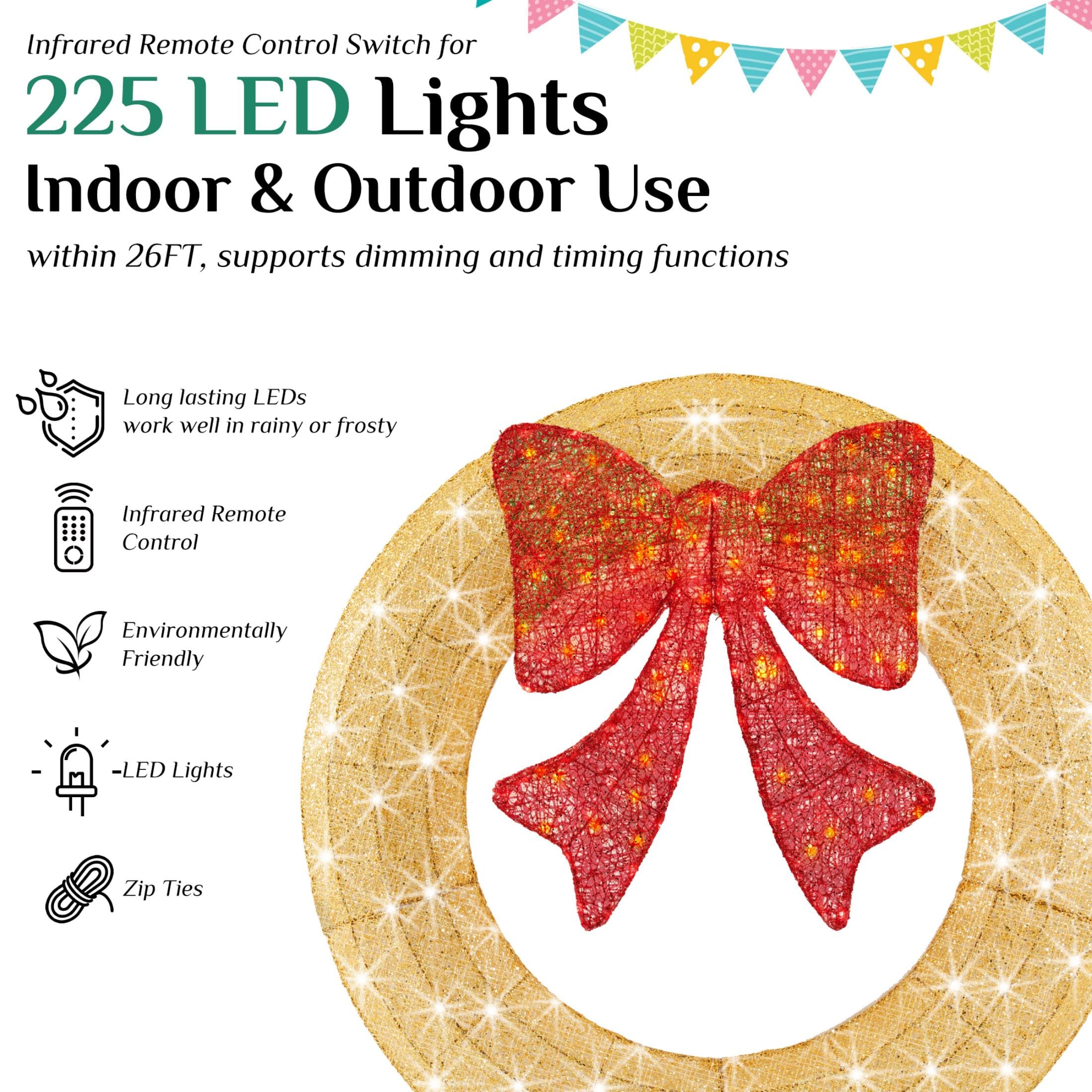 Sweetcrispy 36in Pre-Lit Christmas Wreath, LED Lighted Holiday Outdoor Decoration with Bow for Door, Mantel, Wall, Windows, Fron