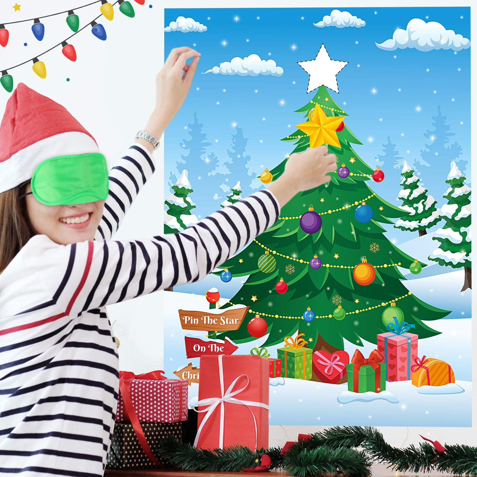 Faccito Pin The Star on The Christmas Tree Game Christmas Games for Party Xmas Games with Large Poster Sticker Blindfold Pin The