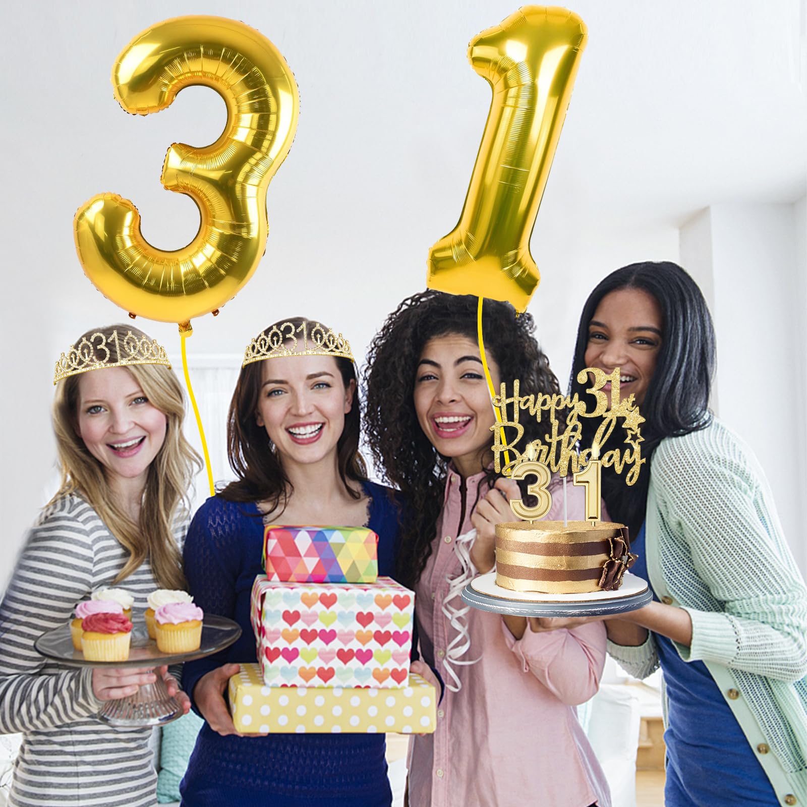 31st Birthday Decorations for Women Gold with 31st Birthday Tiara and Sash, Cake Topper and Number Candles, Number Balloons, 31