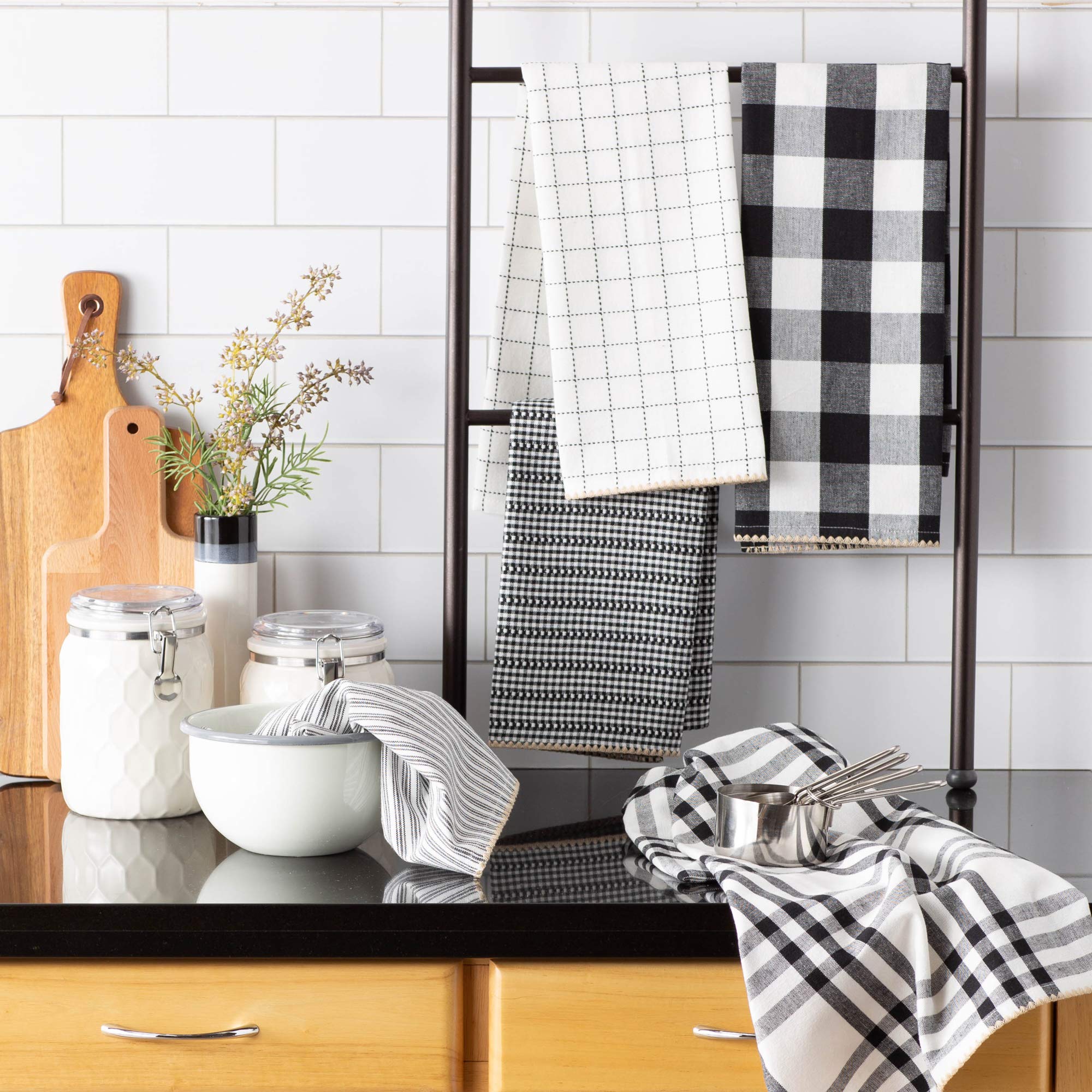 Dii Farmhouse Basic Kitchen Collection Woven, Dishtowel Set, 18X28, Black, 5 Piece