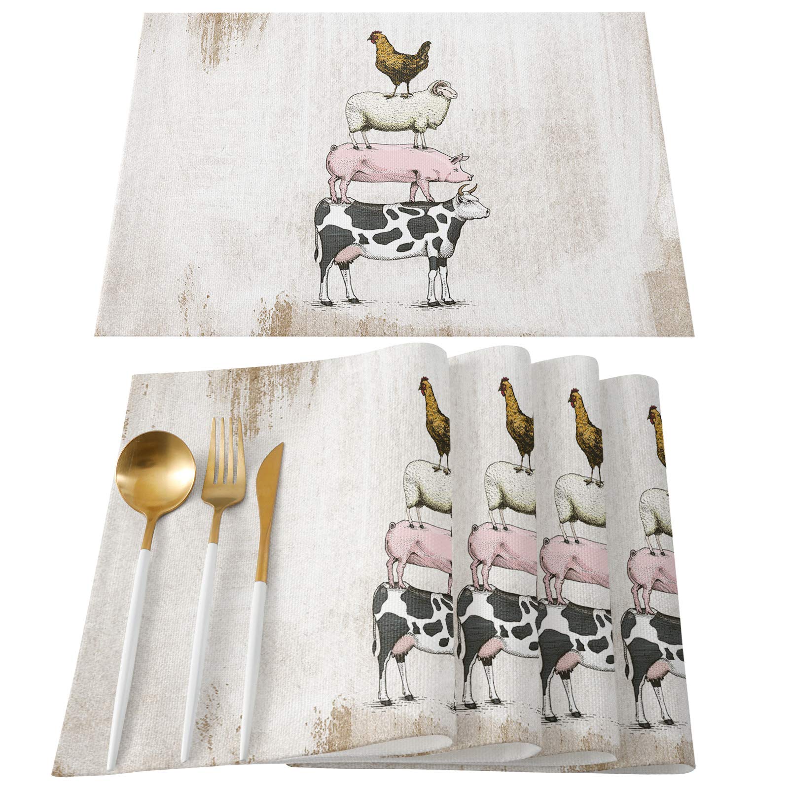 Greeeen Placemats Set Of 6 Farm Funny Animal Theme Milk Cow Pig Sheep Chicken Heat Resistant Place Mat For Dining Table Washable