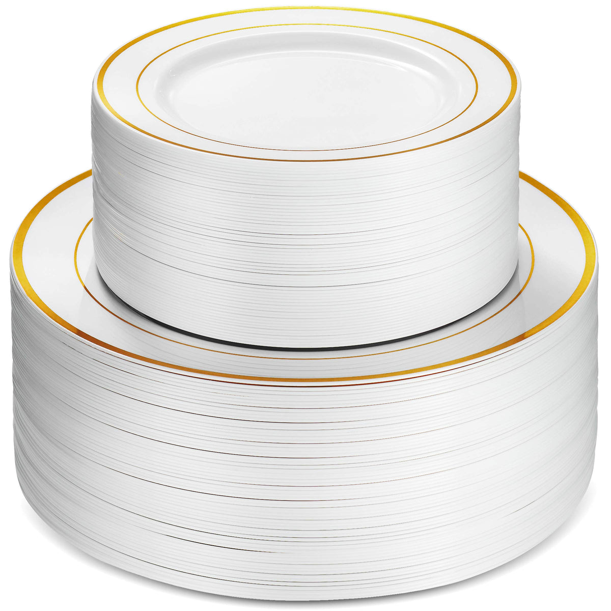 Munfix 100 Piece Plastic Party Plates White Gold Rim, 50 Premium Heavy Duty 10.25 Inch Dinner Plates And 50 Disposable 7.5 Inch