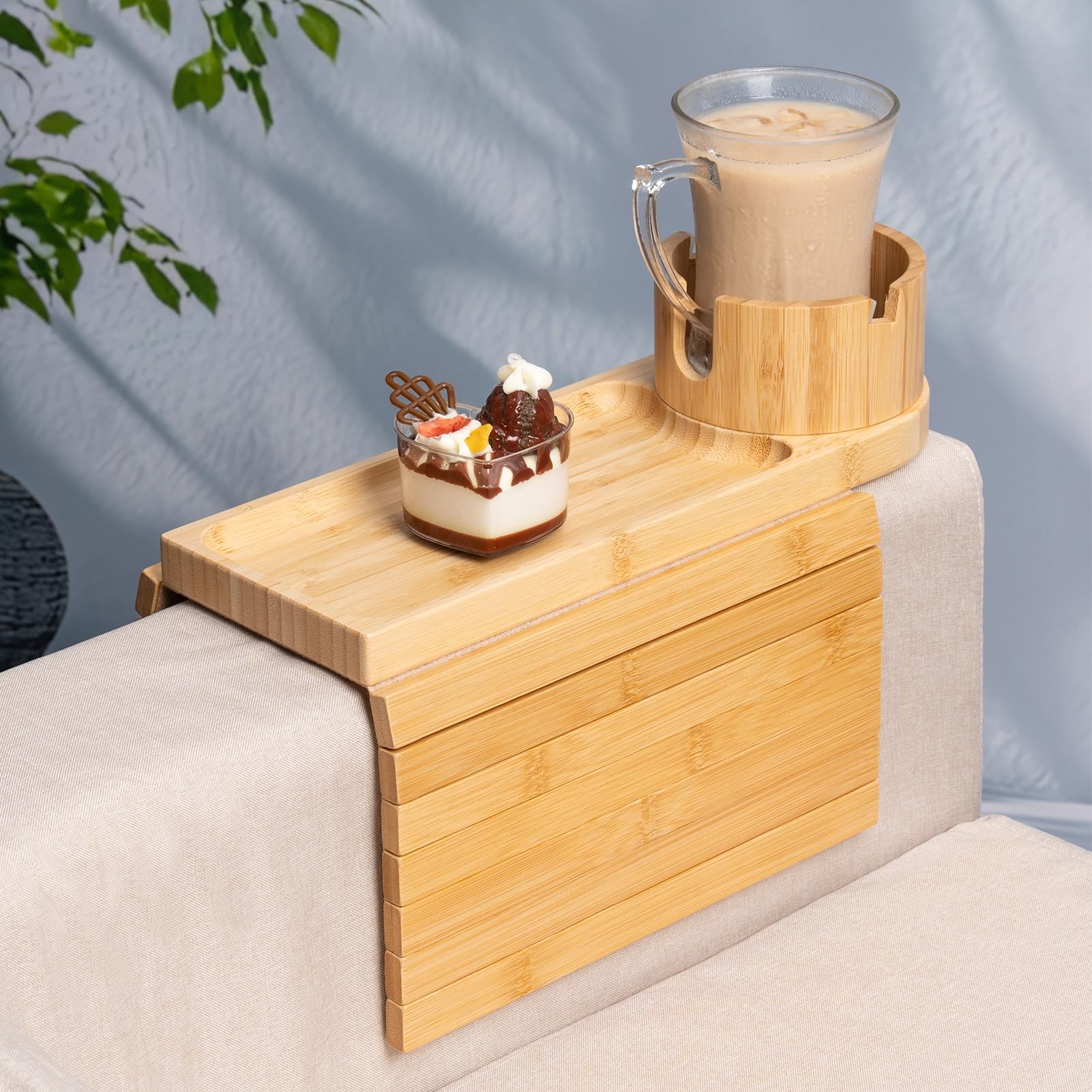 Couch Cup Holder Tray, Bamboo Couch Arm Tray with 360Rotating Cup Holder, 3 in 1 Foldable Sofa Arm Rest Tray Table for Remote/Sn