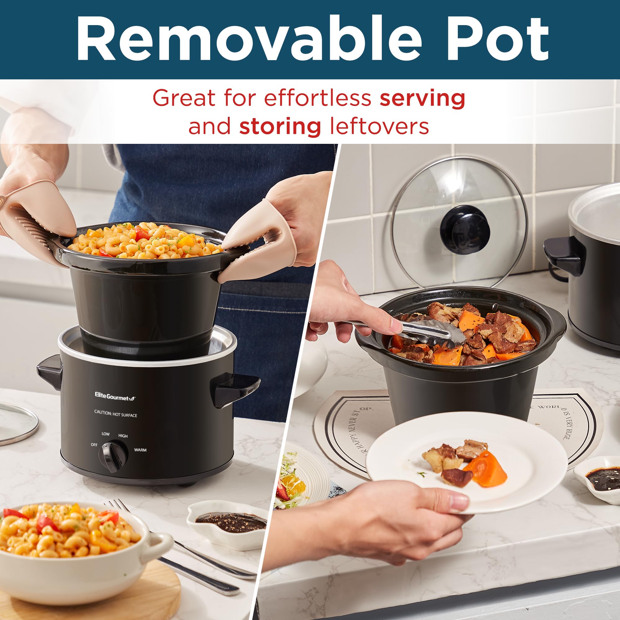 Elite Gourmet Mst239X Electric Round Slow Cooker, Adjustable Temp, Entrees, Sauces, Stews & Dips, Dishwasher Safe Glass Lid & Cr
