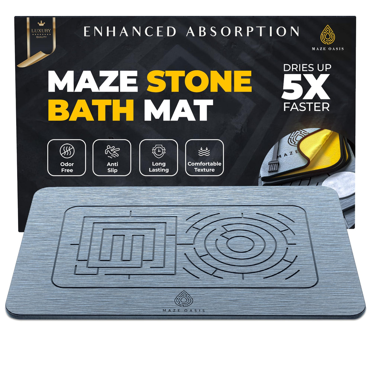 Maze Oasis Stone Bath Mat - Instant-Drying Diatomaceous Earth Bath Mat With Maze Pattern - Super Absorbent Non-Slip - Quick Dry