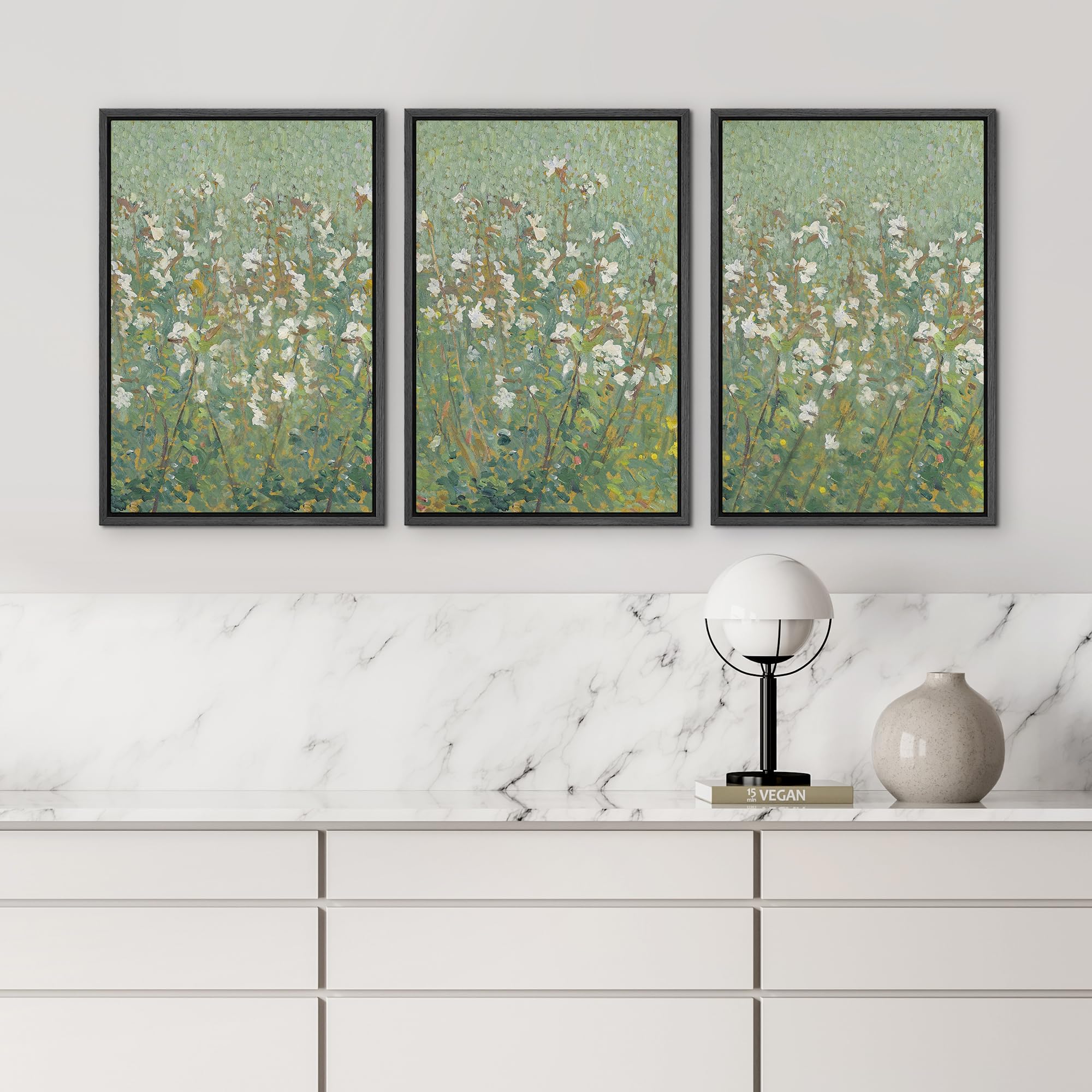 Wall26 Framed Canvas Print Wall Art Set Emerald Green Monet White Flower Field Nature Wilderness Illustrations Modern Art Decora