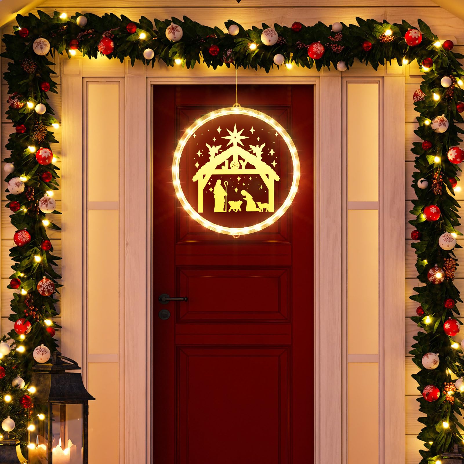 ROCEEI 9.45 Inch Christmas Decorative Window Lights Nativity Scene Hanging Xmas Lights up Sign Indoor/Outdoor Nativity Window Ho