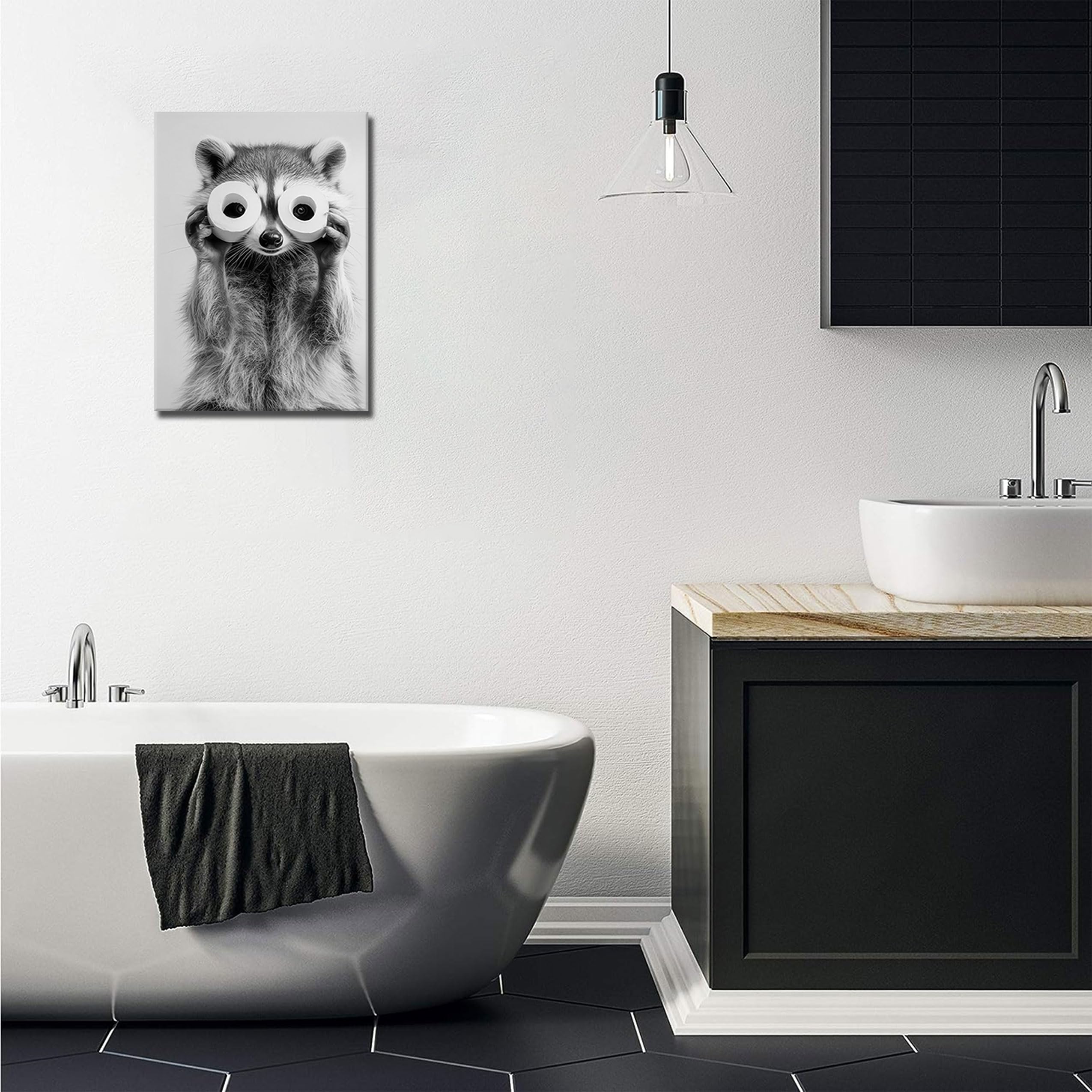 Adorable Raccoon Bathroom Canvas Wall Art Toilet Paper Raccoon Wall Decor Pictures Funny Black and White Bathroom Animal Posters