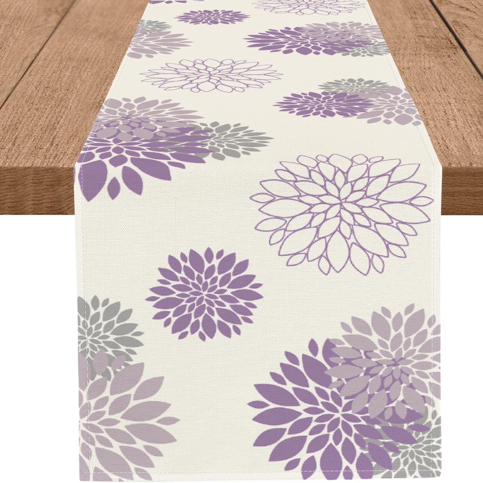 WHOMEAF Purple Dahlia Table Runner Modern Elegant Flower Beige Table Runners Geometric Pompon Farmhouse Coffee Table Center Deco