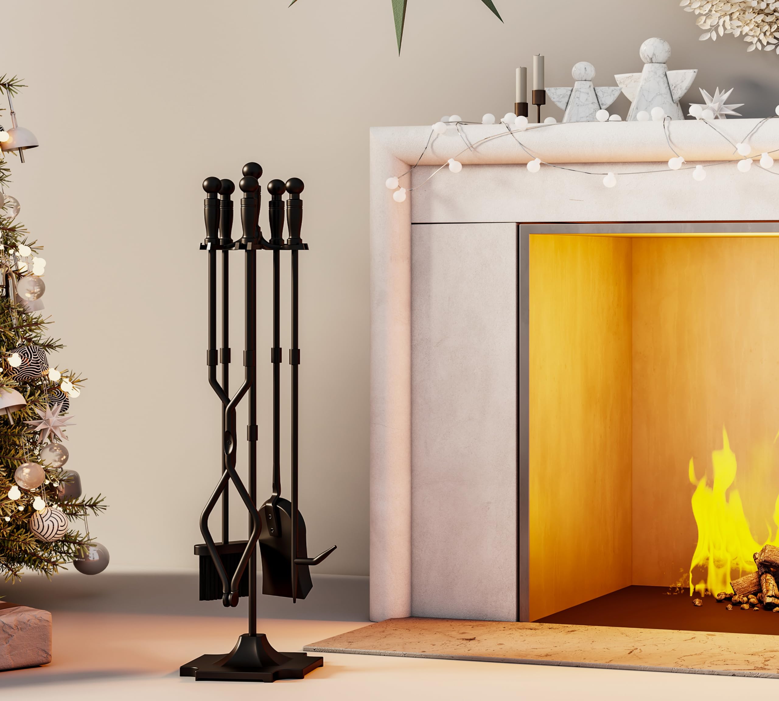 Fire Beauty Fireplace Tools, 5 Pieces Fireside Accessories Fire Kit Set,Woodstove Tools Holder Wrought Iron Handle Indoor Firese