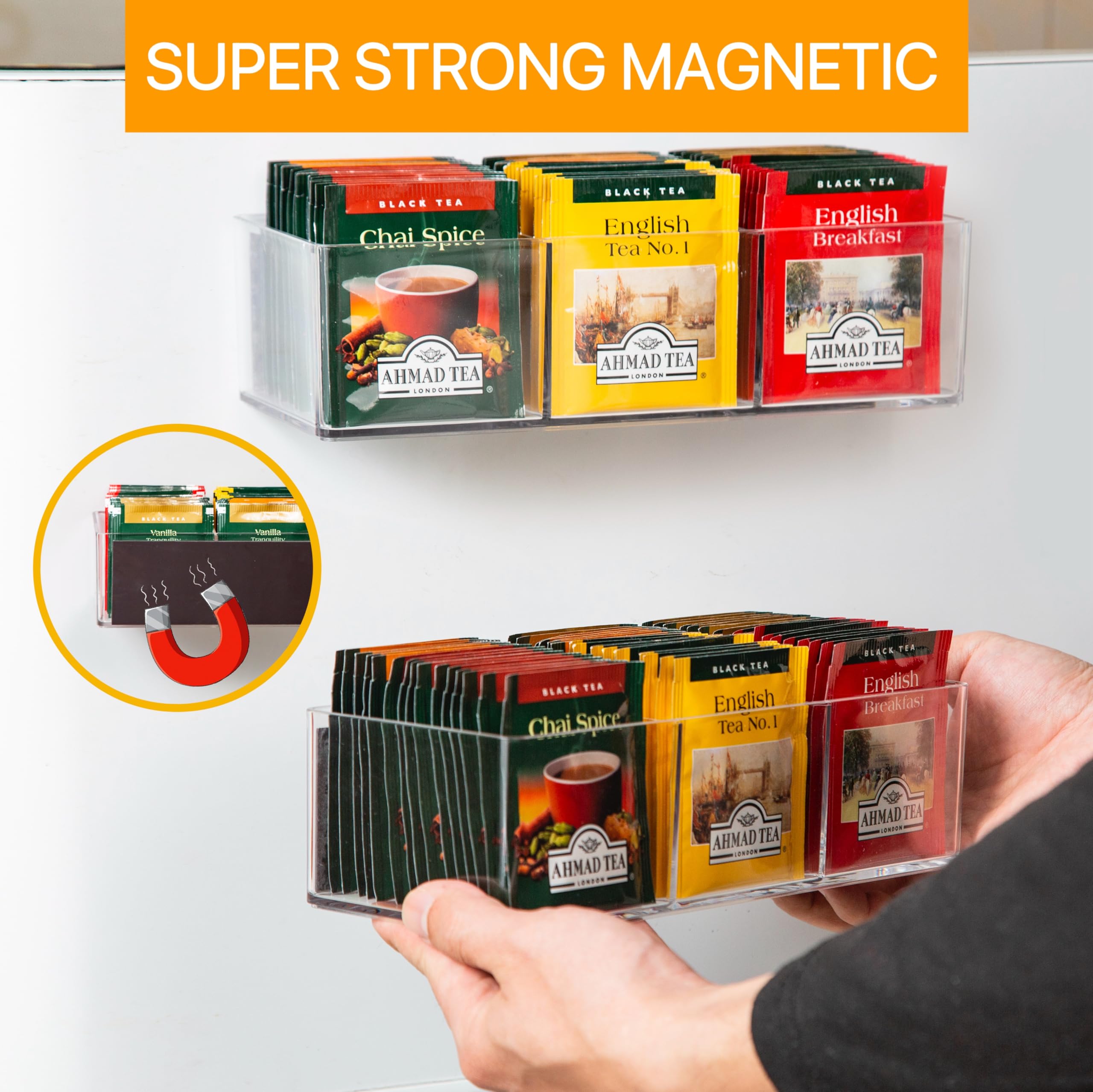 Telkeen Magnetic Tea Bag Organizer Holds Up To 60 Tea Bags, Tea Organizer With 3 Compartments, Extra Strong Magnetic Fridge Tea