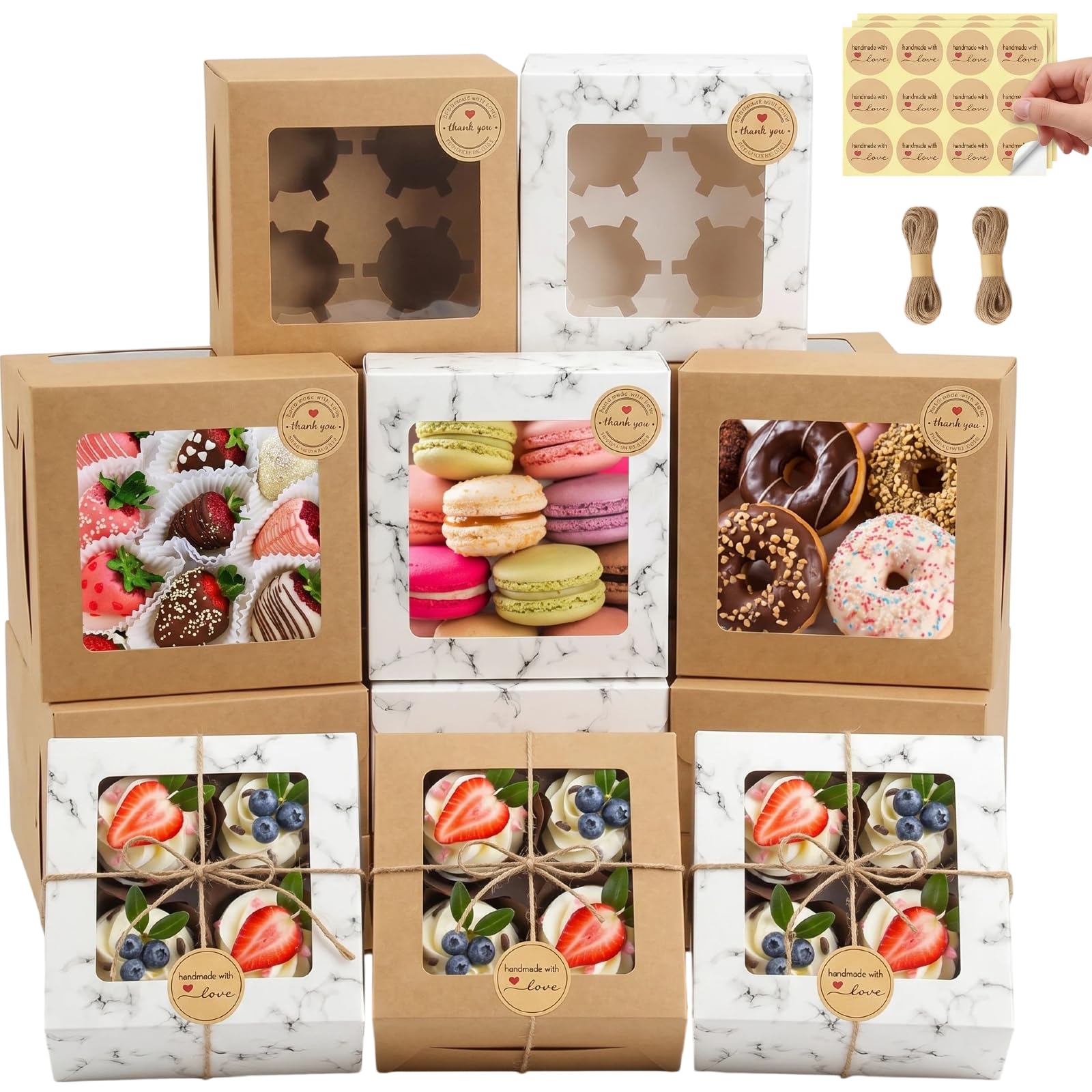 ZQZXD 40 PCS Cupcake Boxes with Window, 6.3x6.3x3 Inch Cookie Boxes, Brown Bakery Containers for Pastry, Dessert, Chocolate Stra
