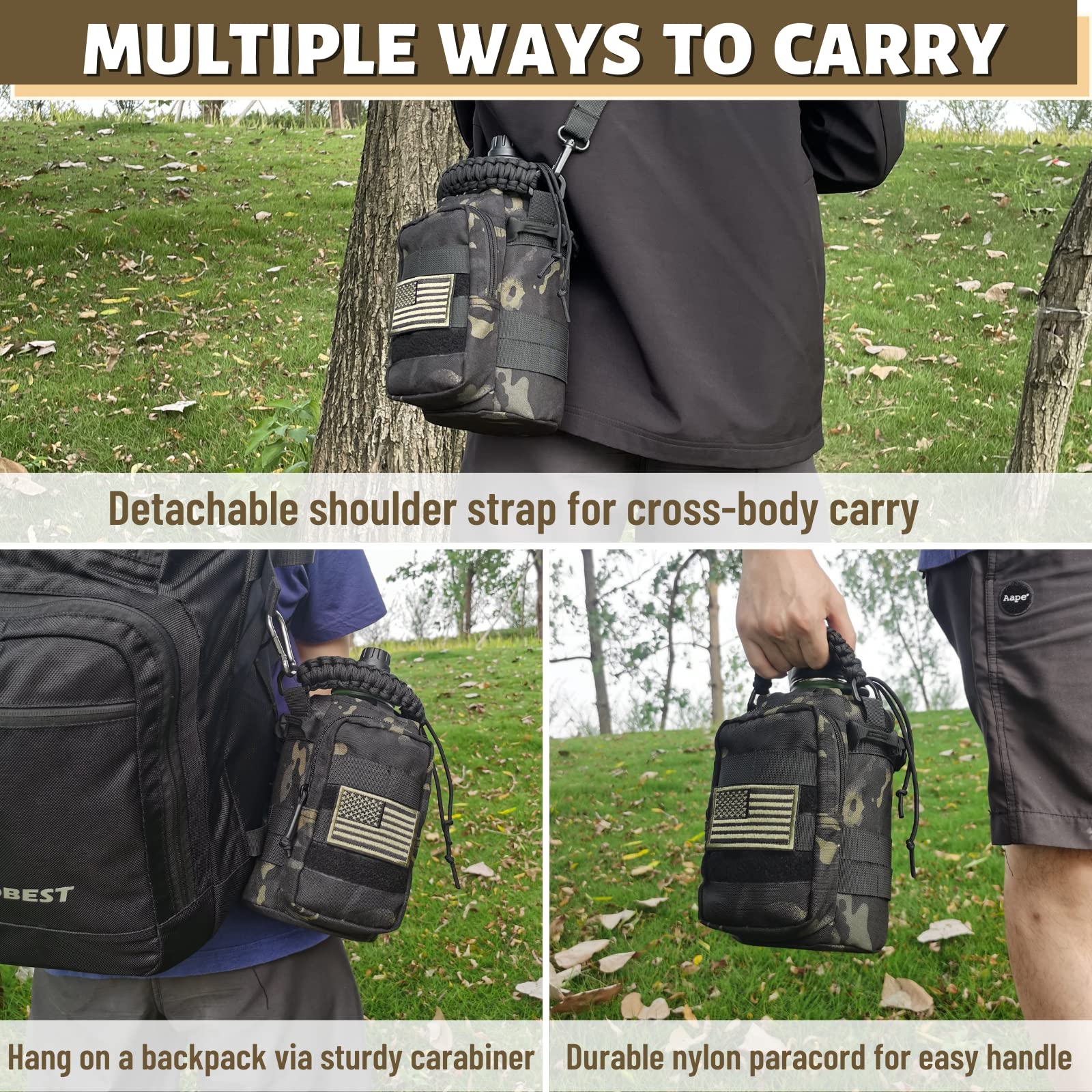 Defunx 64 Oz Water Bottle Insulated With Sleeve (Camo Black) - Half Gallon Water Jug With Handle - Stainless Steel Sports Water