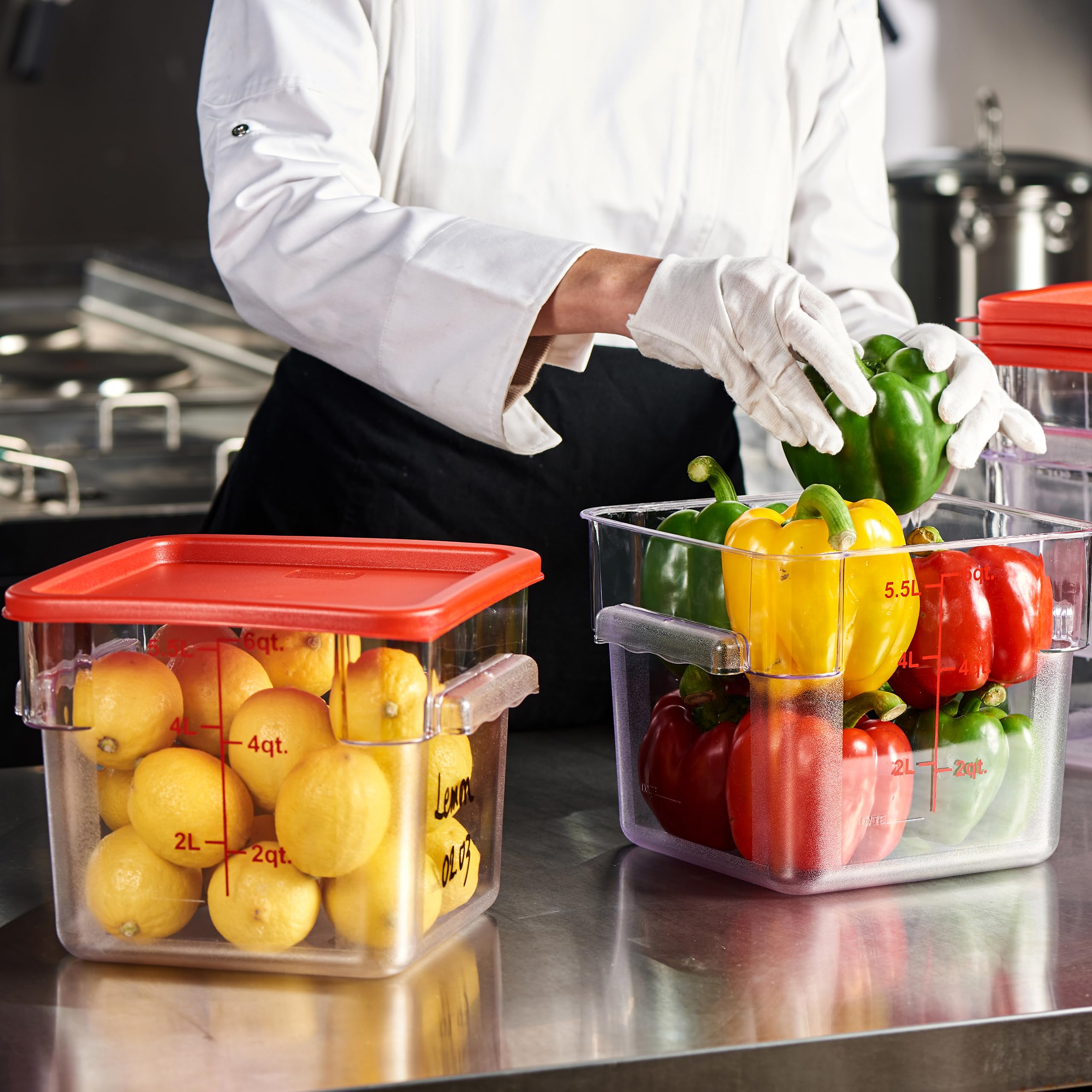Curta 4 Pack Food Storage Container With Red Lid - Nsf Commercial Grade In 6.0 Qt - Square, Clear, Polycarbonate