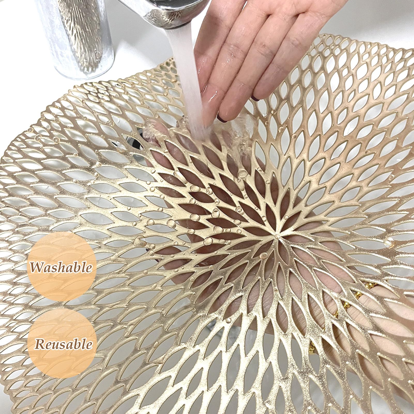 Mabbcoo Placemats Set Of 6, Round Placemats Gold 15 Inch Washable Vinyl Place Mats Dining Table Mats For Anniversary Wedding Par