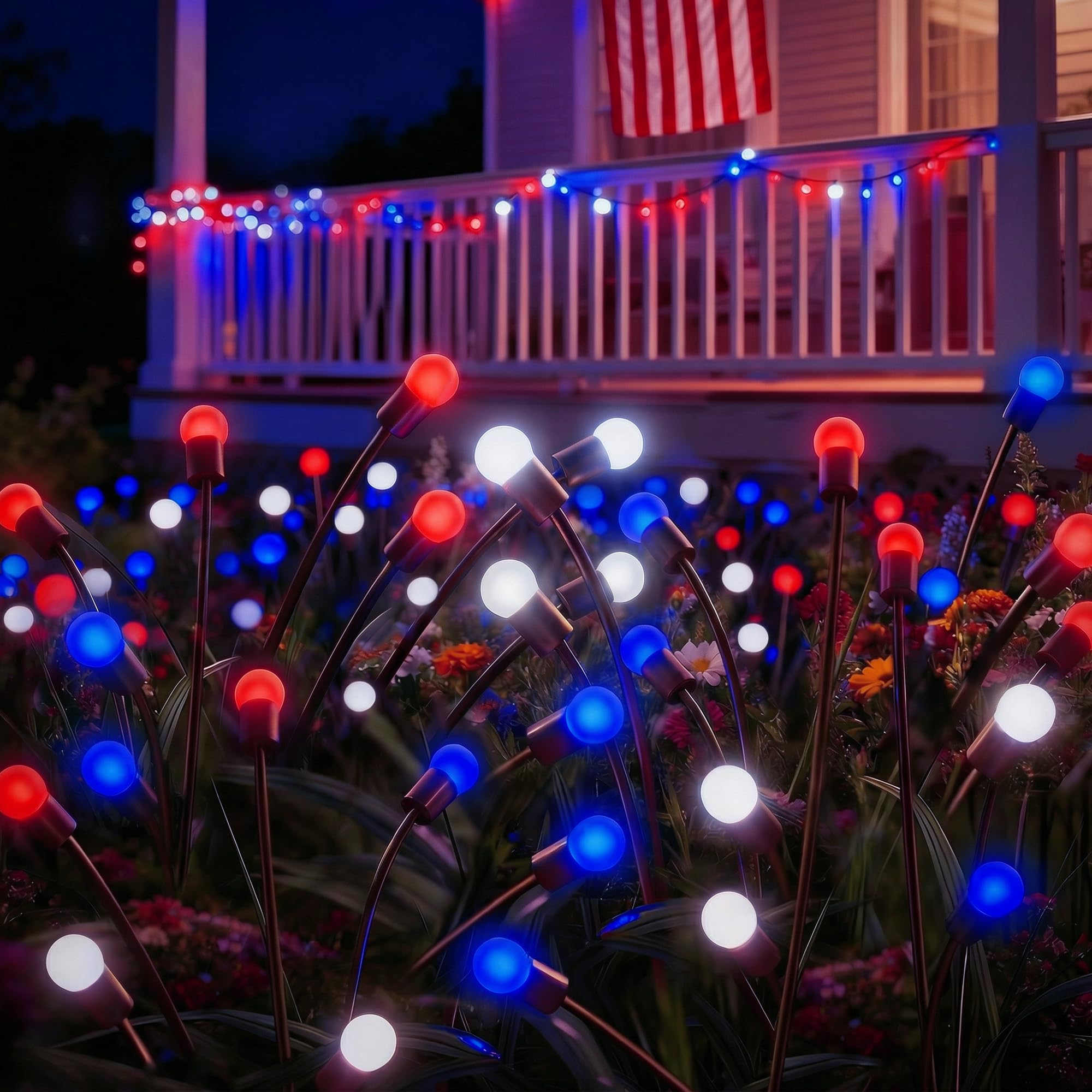 Sukesou Patriotic Solar Firefly Lights 2 Pack Red White Blue Swaying Outdoor Stake Lights 6 LED Each Waterproof for 4th of July 