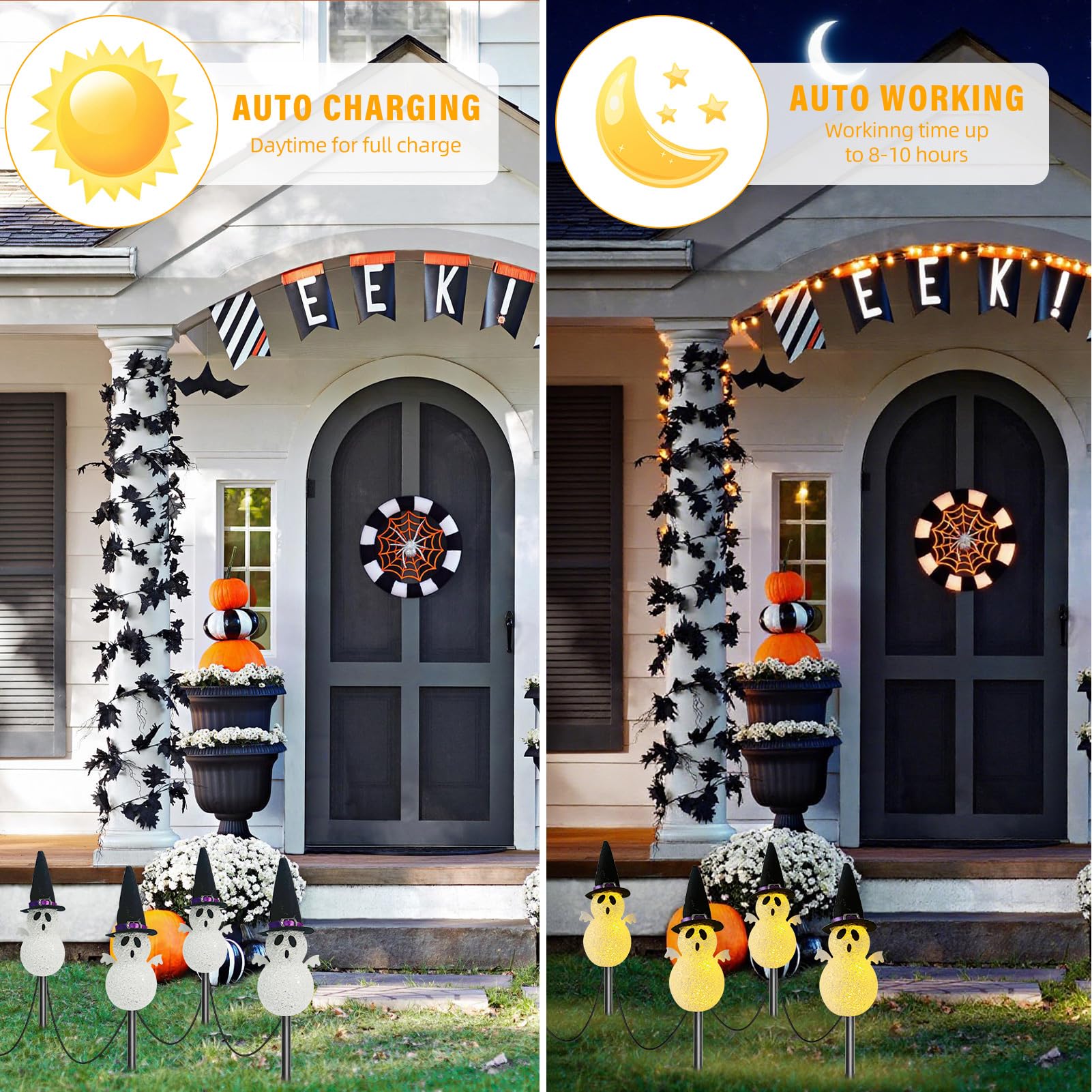 Halloween Light Stakes Ghost Lights Outdoor 7ft 4 Ghosts with 4 Stakes Light Up for Yard Driveway Garden Yard Lawn Halloween Dec