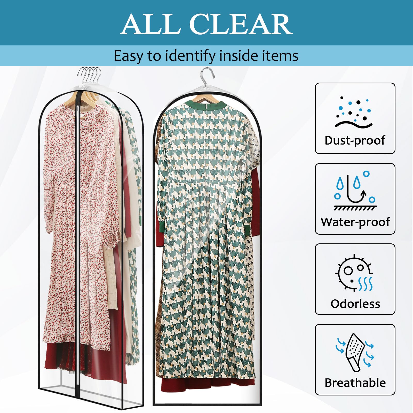 Perber 60'' All Clear Dress Bags For Gowns Long, 4'' Gusseted Garment Bags For Hanging Clothes, Womens Dress Garment Bag With Zi