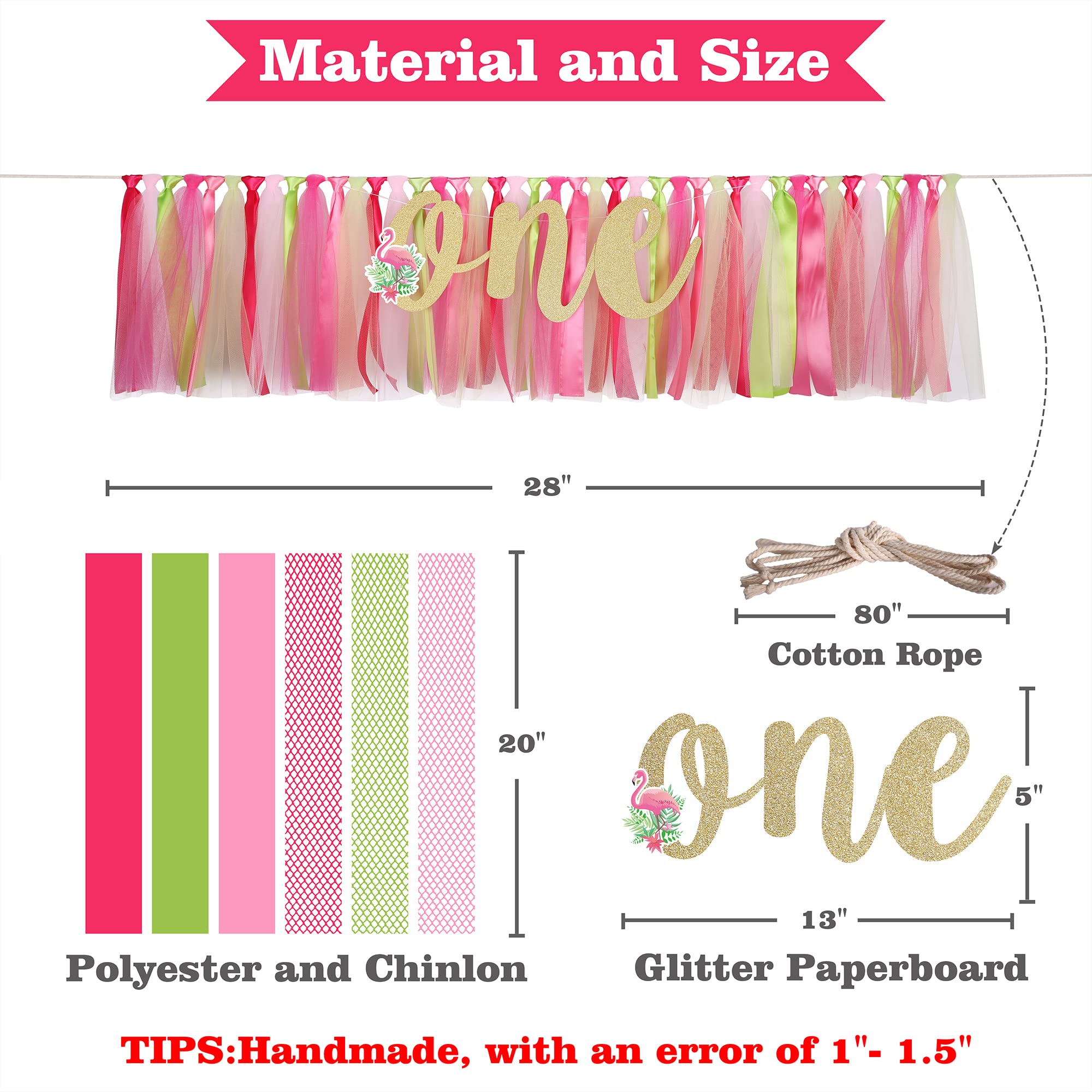 Flamingo Highchair Banner Decoration For Baby - 1St First Birthday Banner, High Chair Fabric Garland Party Supplies, Red Yellow