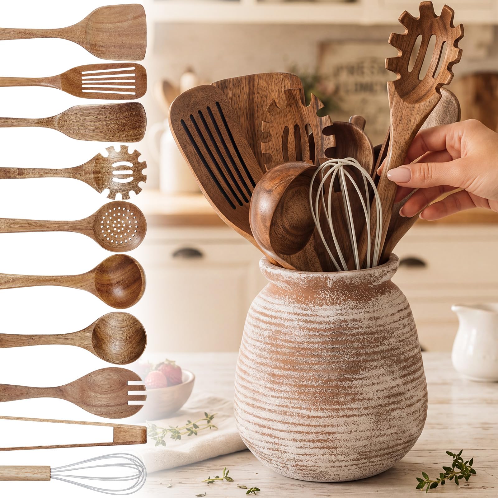 SiliFine 11 Pcs Cottage Wood Kitchen Utensil Set with Ceramic Crock