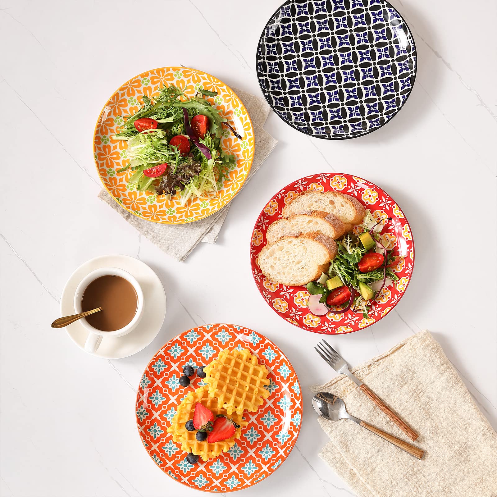 Metahom Salad Plates, Dessert Plates 8 Inch, Colorful Ceramic Plate Set For Pasta, Pancakes, Steak, Set Of 6, Dishwasher & Micro