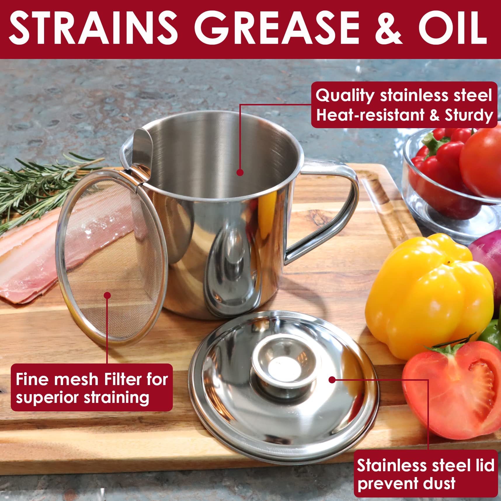 Keissco Bacon Grease Container With Strainer, Stainless Steel Oil Storage Can Container With Fine Mesh Strainer Fat Container Po