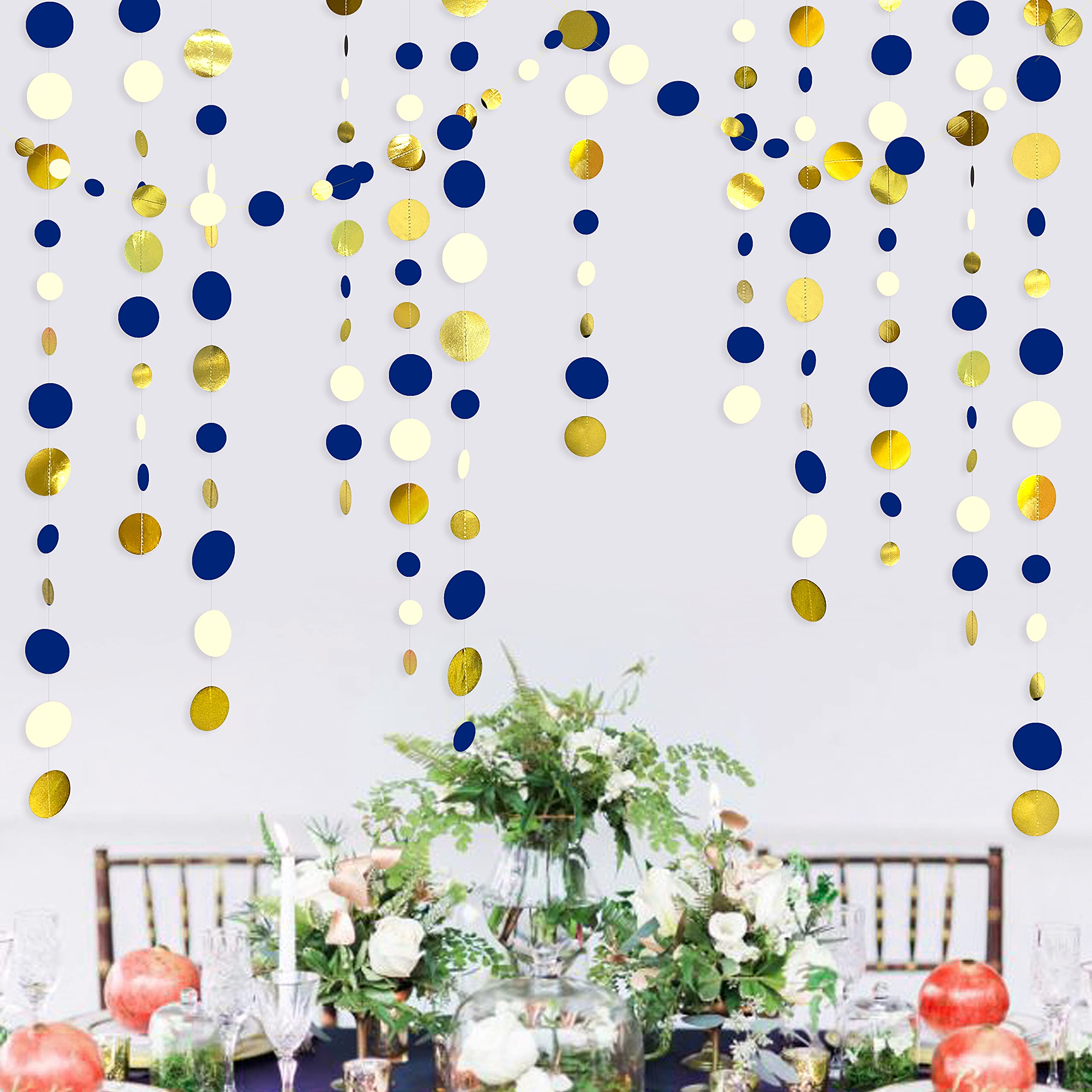 46 Ft Navy Blue And Gold Circle Dots Garland Royal Blue Hanging Paper Polka Dot Streamer For Birthday Wedding Bridal Baby Shower