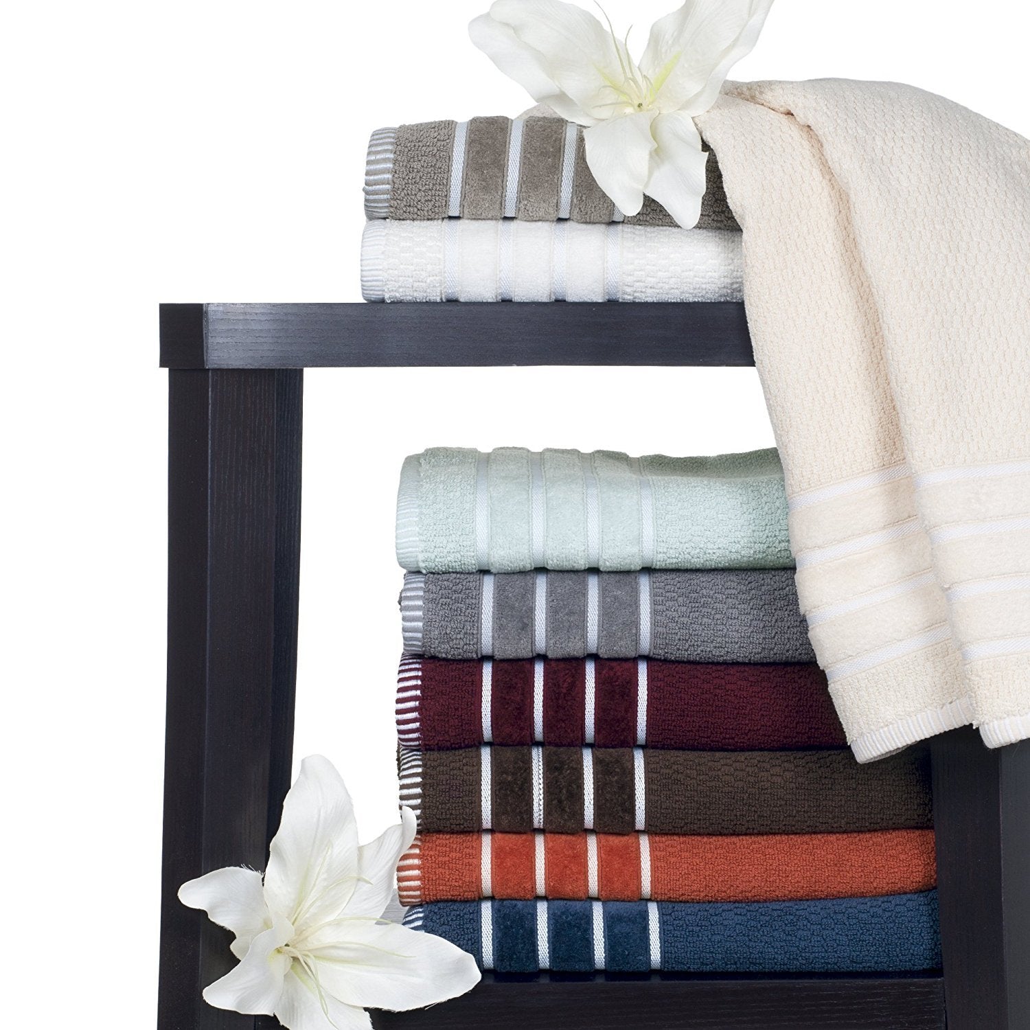 6-Piece Towel Set - Combed Cotton Rice Weave Bathroom Accessories with 2 Bath Towels  2 Hand Towels  and 2 Washcloths by Bedford Home (Black)