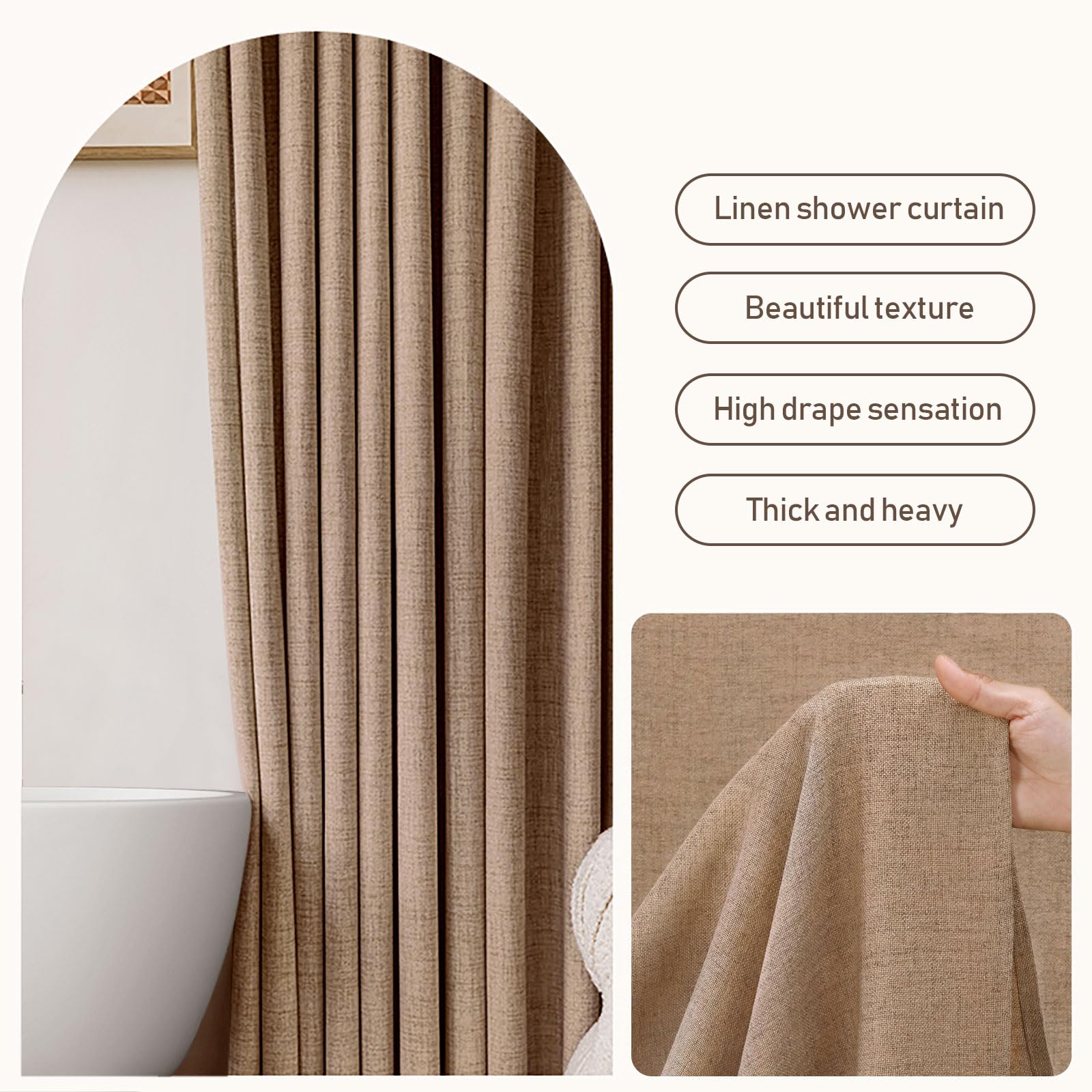 Awellife Extra Long Brown Linen Style Shower Curtain Set With 12 Durable Hooks - Tan Textured Fabric Heavy Cloth Shower Curtains
