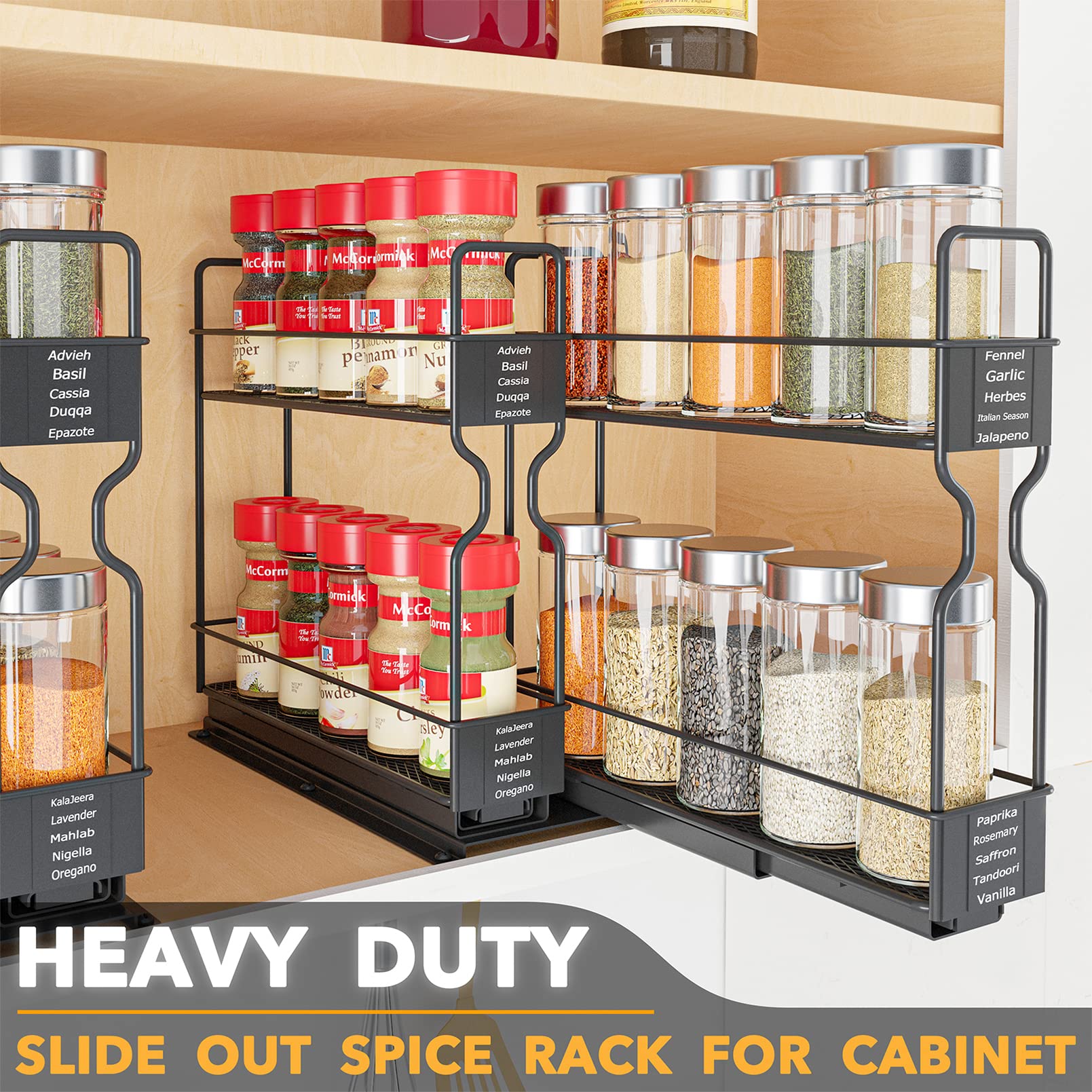 SpaceAid Pull Out Spice Rack Organizer, Heavy Duty Metal 2-Tier, 5.2"W x 10.75"D x 10"H, Black, Model hg-22x2-black