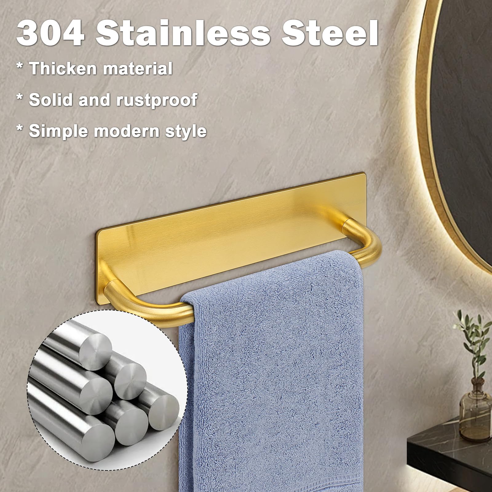 Livabber Self Adhesive Hand Towel Holder- 304 Stainless Steel Hand Towel Bar For Bathroom Kitchen Stick On Wall, Waterproof Hand