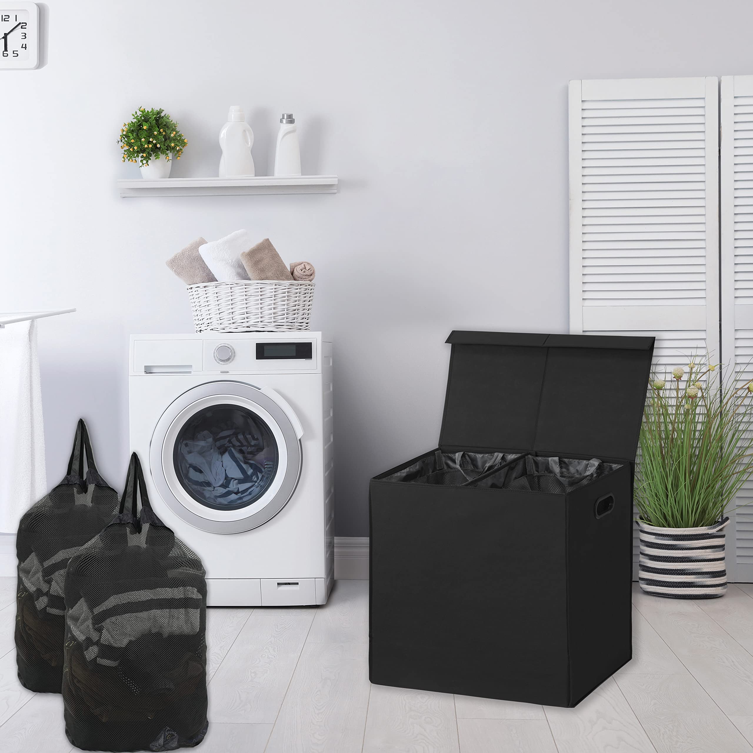 Simple Houseware Double Laundry Hamper With Lid And Removable Bags, Black