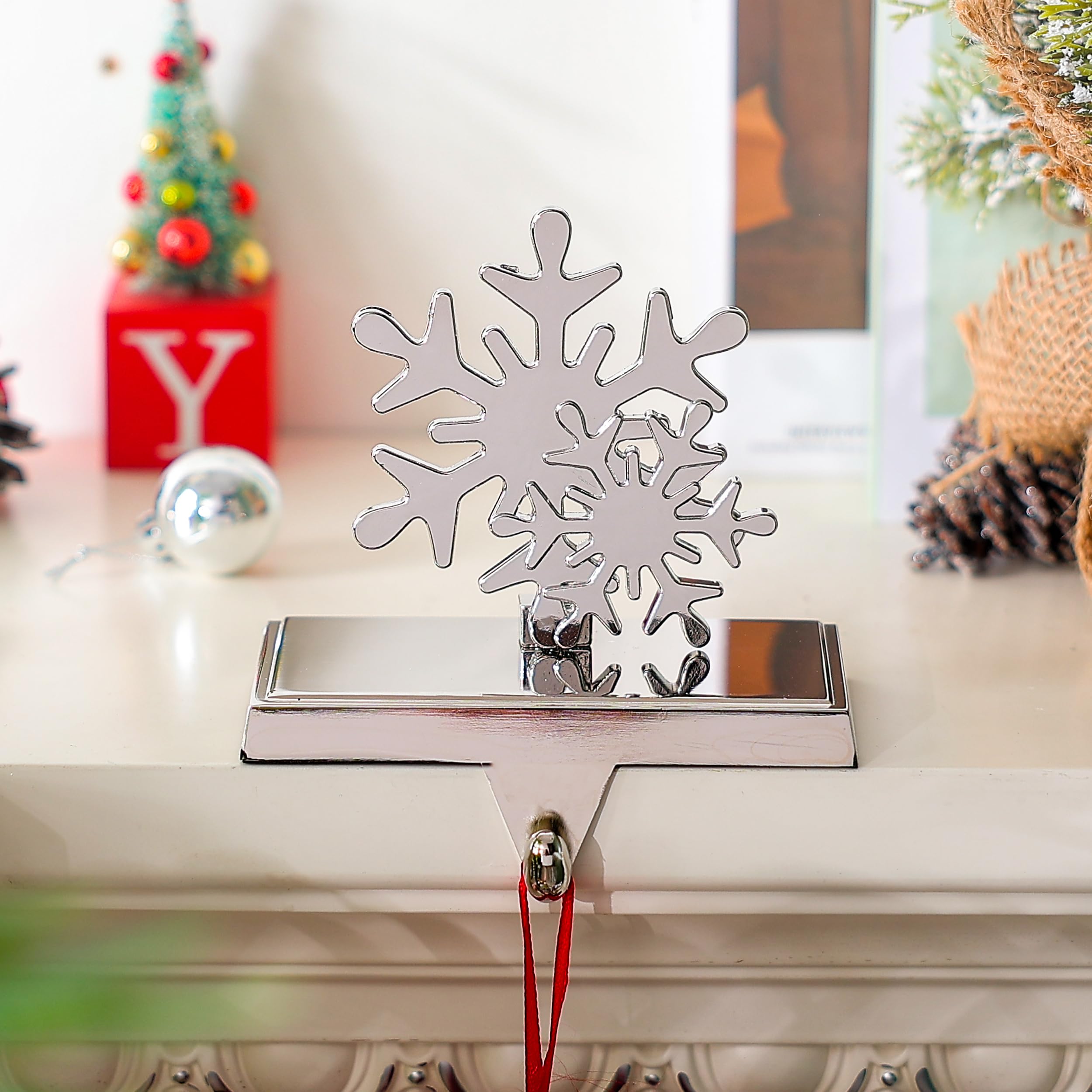 Amooca Christmas Stocking Holders Non-Slip Metal Hooks Fireplace Mantle Stocking Hanger for Christmas Party Decorations (Snowfla