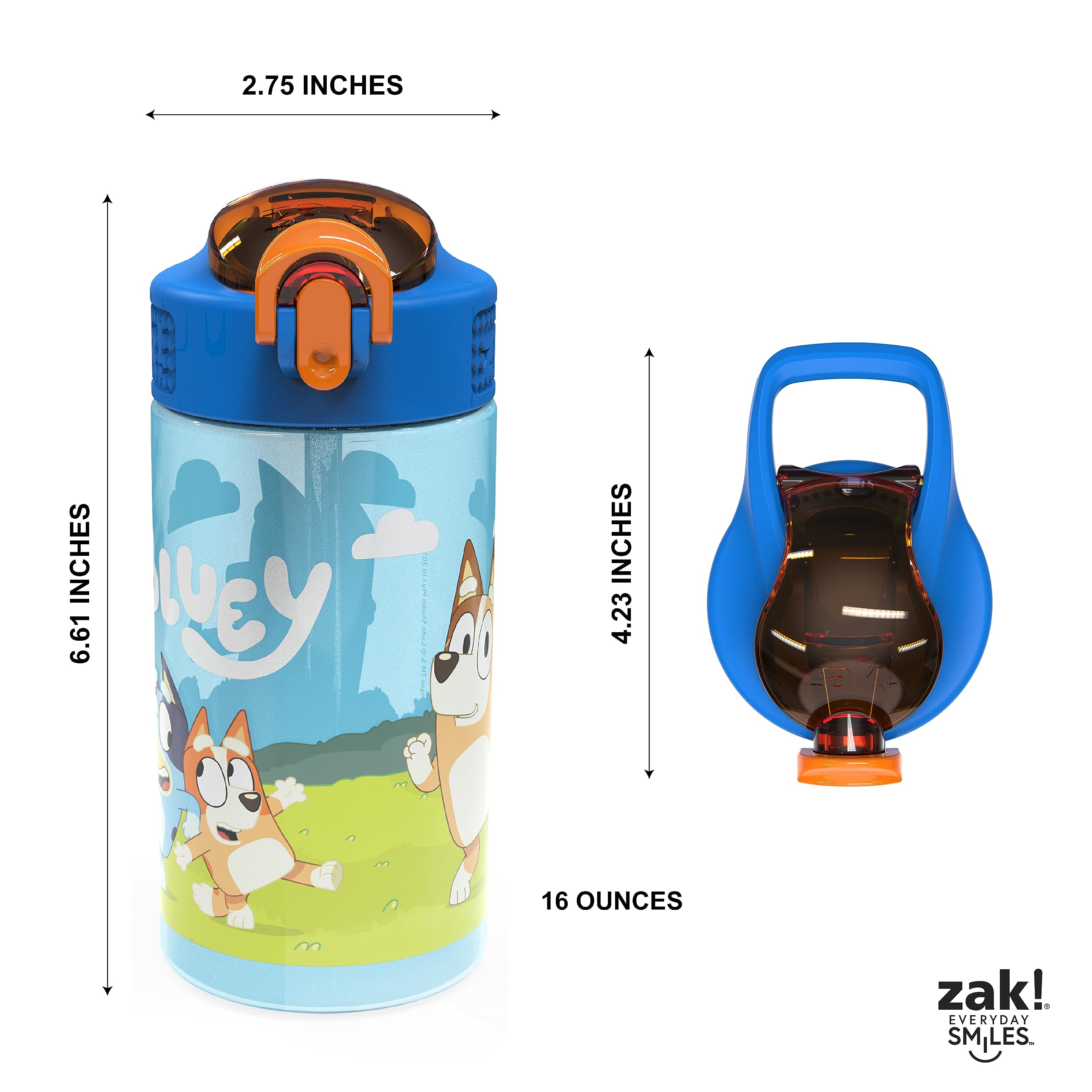 Zak Designs Bluey Kids Durable Plastic Spout Cover and Built-in Carrying Loop  Leak-Proof Water Design for Travel  (16oz  2pc Set)  Bluey Bottle 2pk