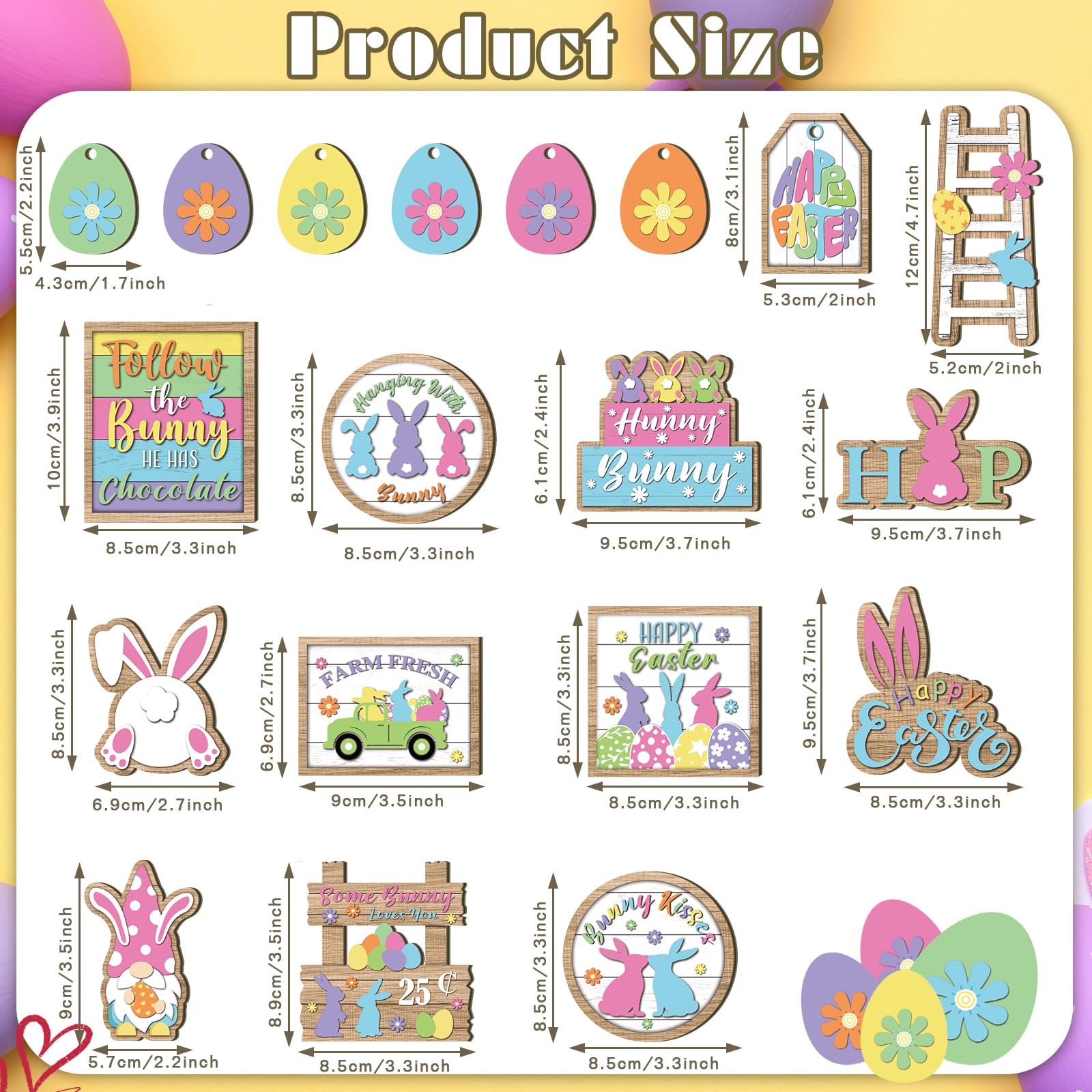 Ziliny 19 Pcs Easter Bunny Tiered Tray Decor Spring Easter Egg Wooden Centerpiece Signs Colorful Easter Wooden Sign Bunny Gnome