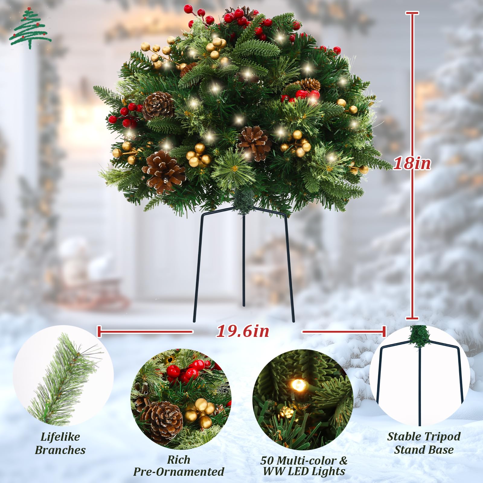 TOWPONICS Set of 2 Outdoor Pathway Christmas Trees, 18in Pre-Lit Realistic Xmas Tree Urn & Planter Filler for Porch, Yard, Drive