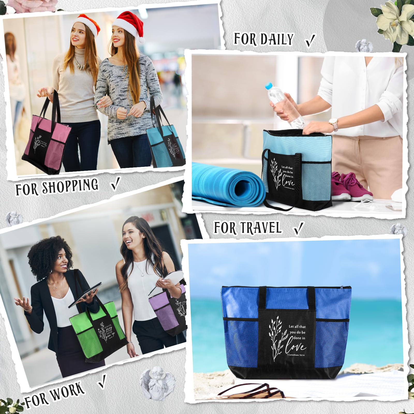 Aliceset 6 Pcs Bible Tote Bags for Women Bulk Christian Gift Bag with Zipper Mesh Pocket Religious Tote for Thanksgiving Christm