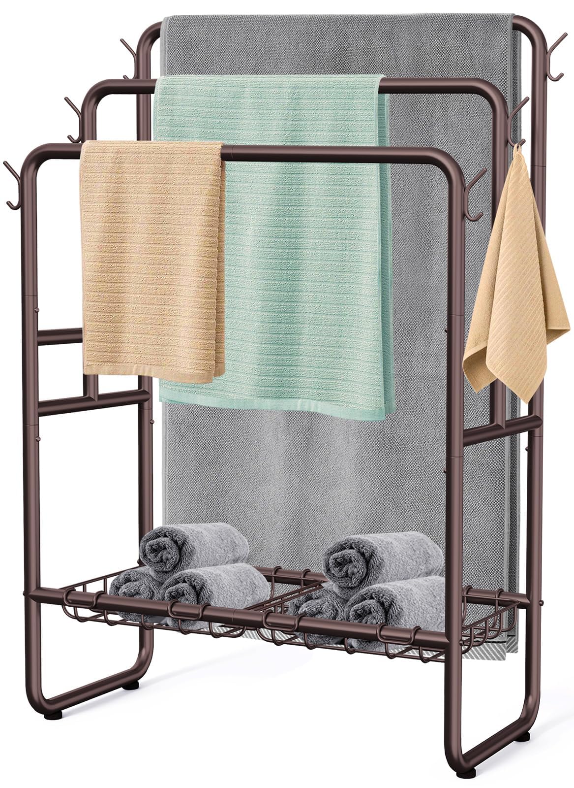 Kayfia 40 Tall Standing Towel Rack for Extra Large Towel, 3 Tier Floor Towel Stand with Storage Basket & Hook, Freestanding Blan