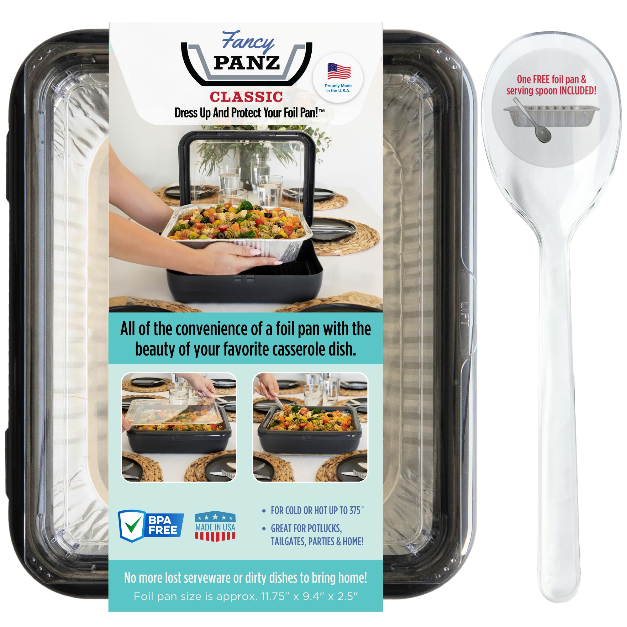 Fancy Panz Classic, Food Serving Tray, Made in the USA Foil Pan Carrier, Stackable Aluminum Pan Holders with Clear Lid, Travel C
