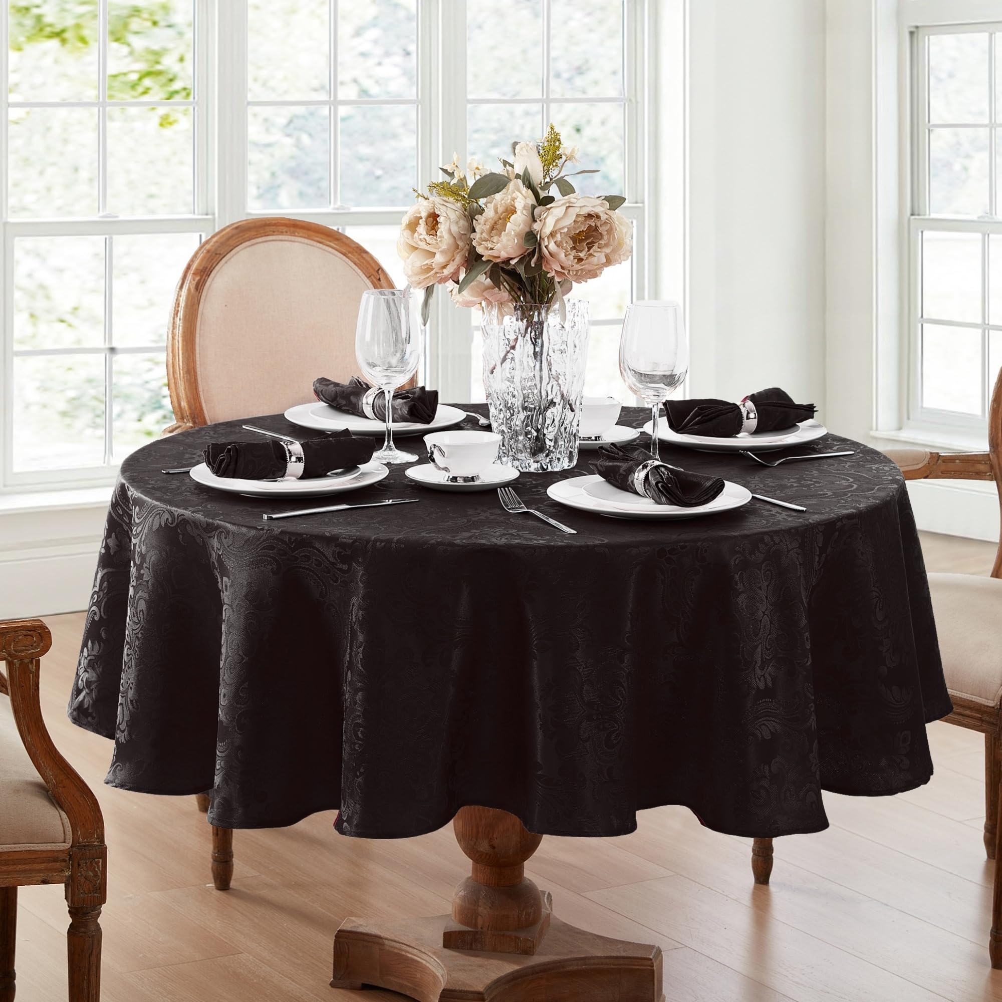Elrene Home Fashions Caiden Elegance Damask Fabric Tablecloth, 60'' X 84'' Oval, Black
