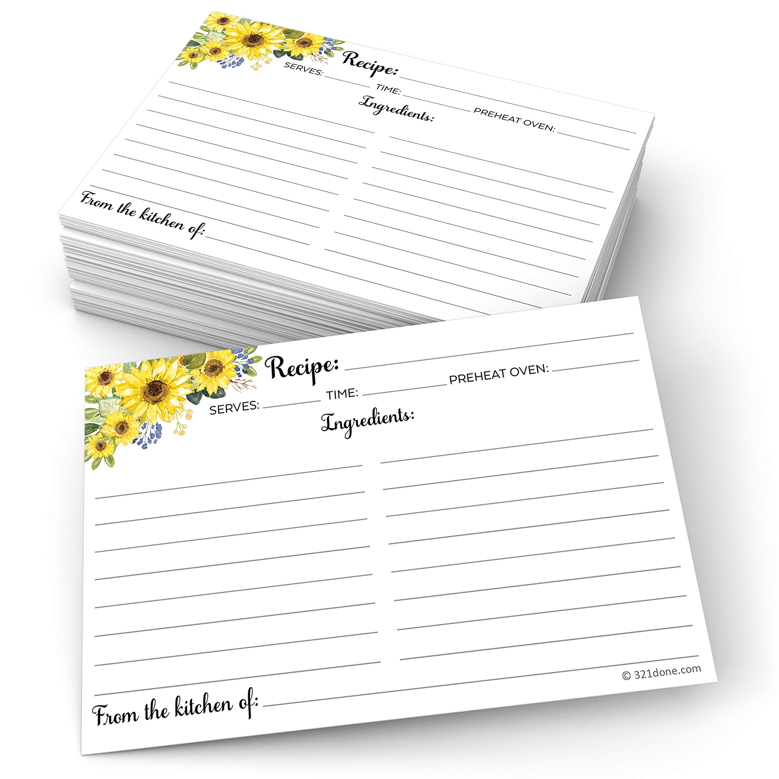 321Done Sunflower Recipe Cards (Set Of 50) 4'' X 6'' Large - From The Kitchen Of - Double-Sided For Weddings, Bridal, Baby Showe