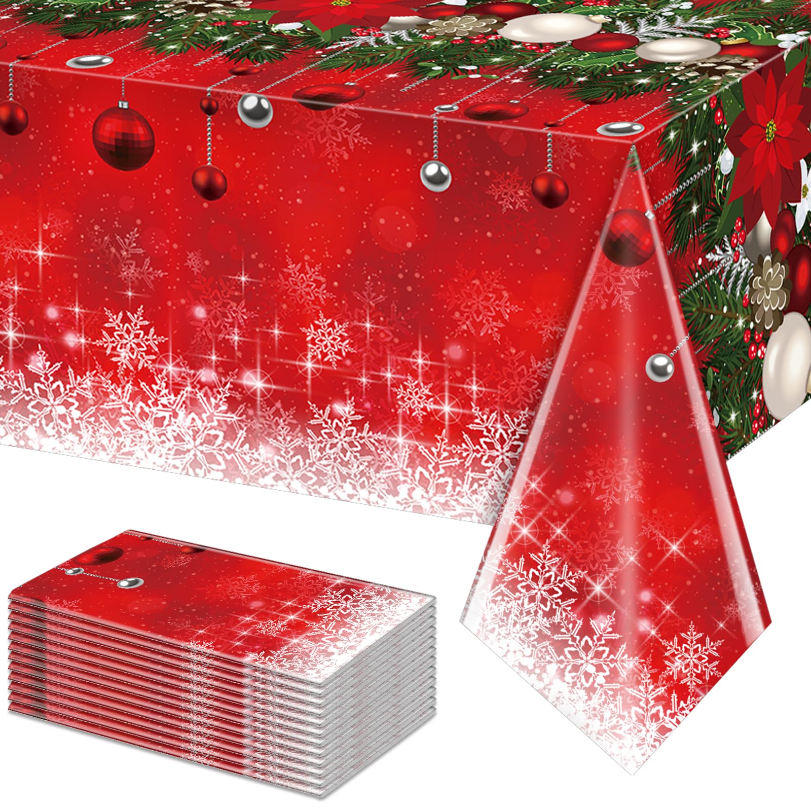 12Pieces Merry Christmas Tablecloth Plastic Christmas Tree Ball Table Cover Rectangle Winter Snowflake Tablecloth for Merry Chri