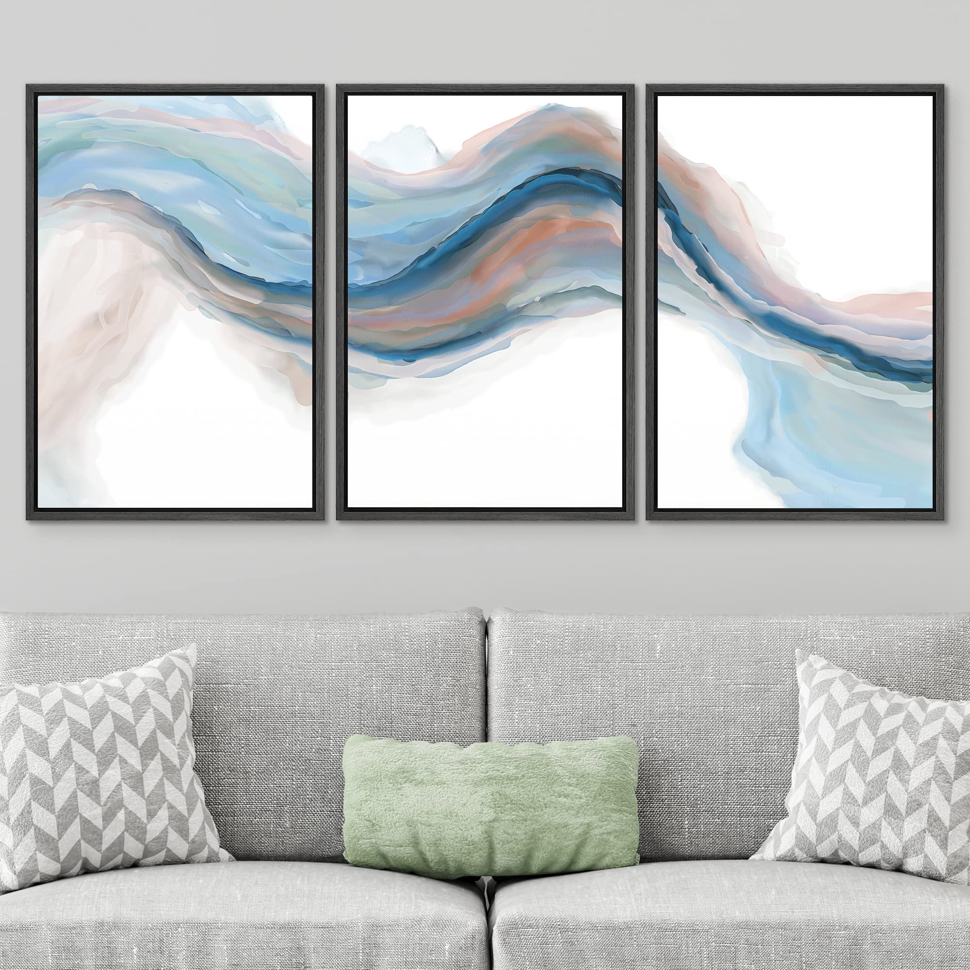 Signwin Framed Canvas Print Wall Art Set Blue Brown Pastel Watercolor Ink Wave Smoke Landscape Abstract Shapes Illustrations Mod
