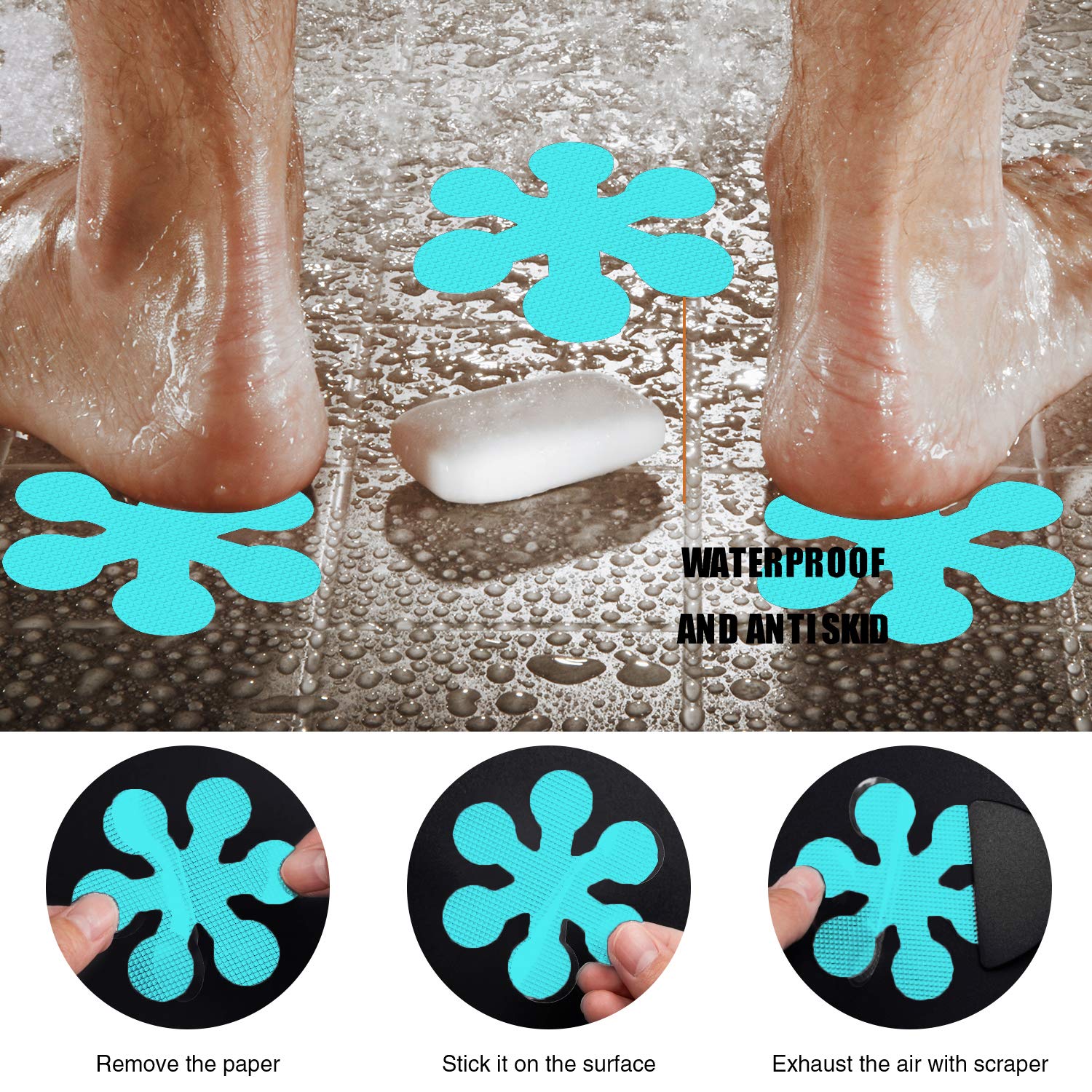 Secopad Bathtub Stickers Non-Slip  24 PCS Safety Shower Treads Adhesive Appliques with Premium Scraper (Blue)
