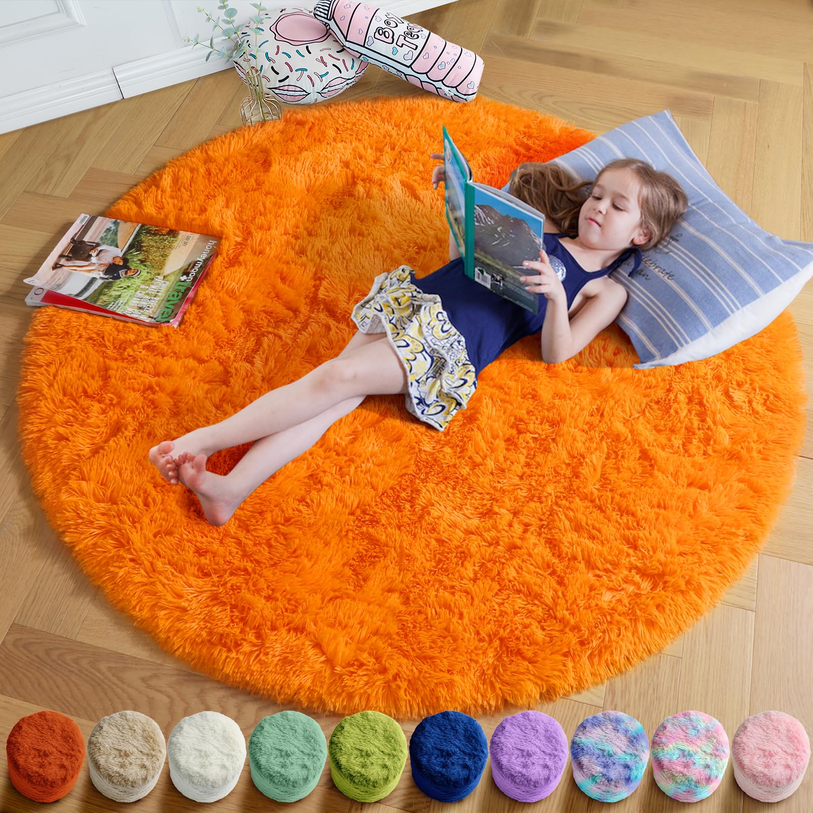 Amdrebio Orange Circle Round Rug 6Ft for Living Room Bedroom, Fluffy Furry Shag Area Rugs for Kids Room Decor Aesthetic, Cute Fu