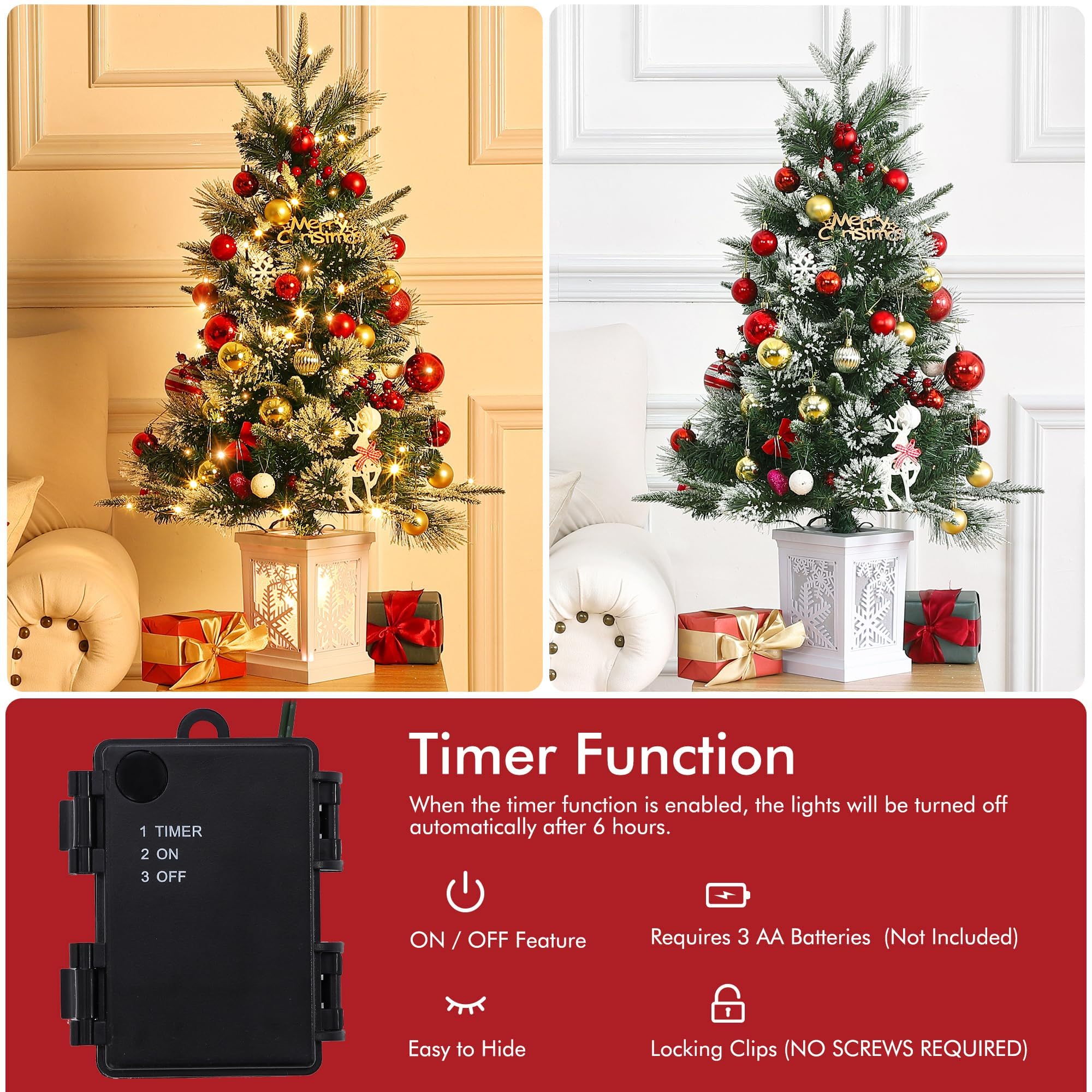3 Ft Pre-Lit Tree with 78 Lights, Snowflake Base Artificial Tree with Timer & Berries, Tabletop Decor for Home or Office, Easy A