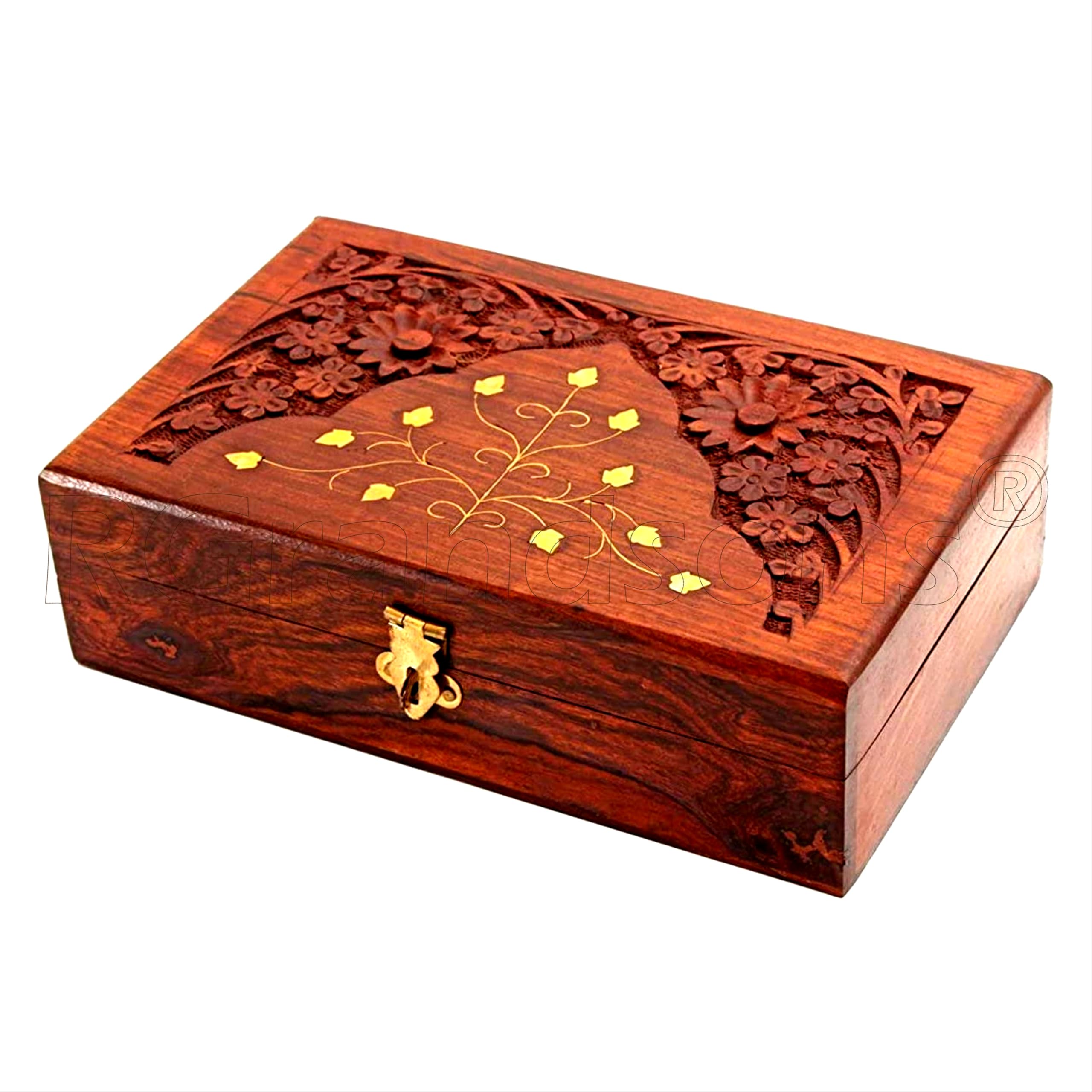Rgrandsons Handmade Wooden Keepsake Storage Box Jewelry Trinket Holder Organizer Floral Hand Carvings With Brass Inlay 8 Inch