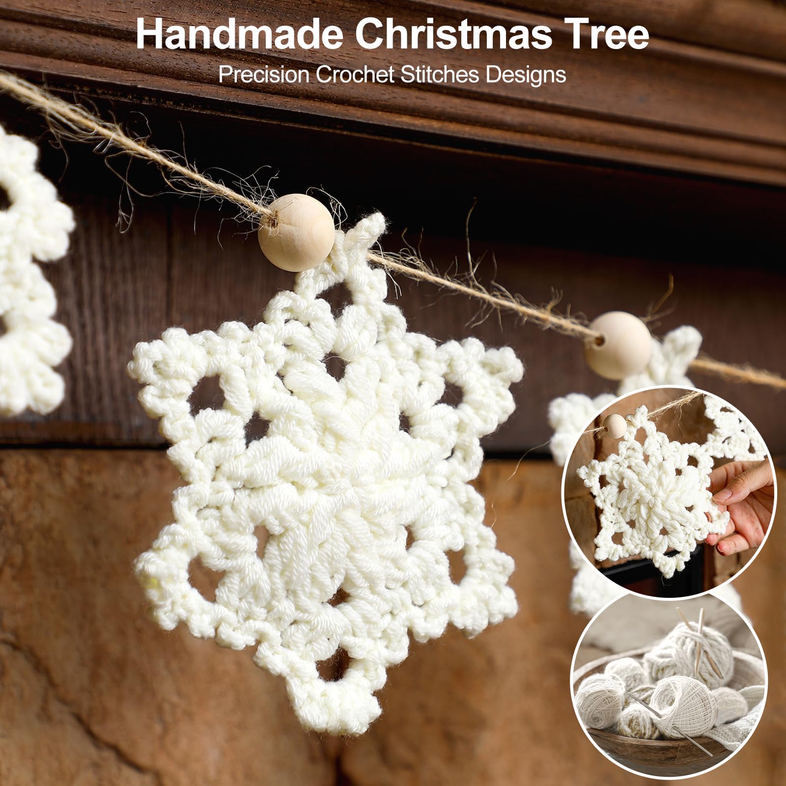 Tudomro Christmas Crochet Snowflake Garland 6.56ft Rustic Handmade Xmas Banner Snowflake Wooden Beads Farmhouse Hanging Decor fo